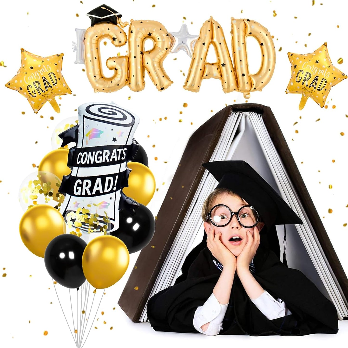 Graduation Balloons Congrats Grad Balloons Gold and Black Balloon for 5th Grade Graduation Decorations Grad Party Decorations 2026 BST326L