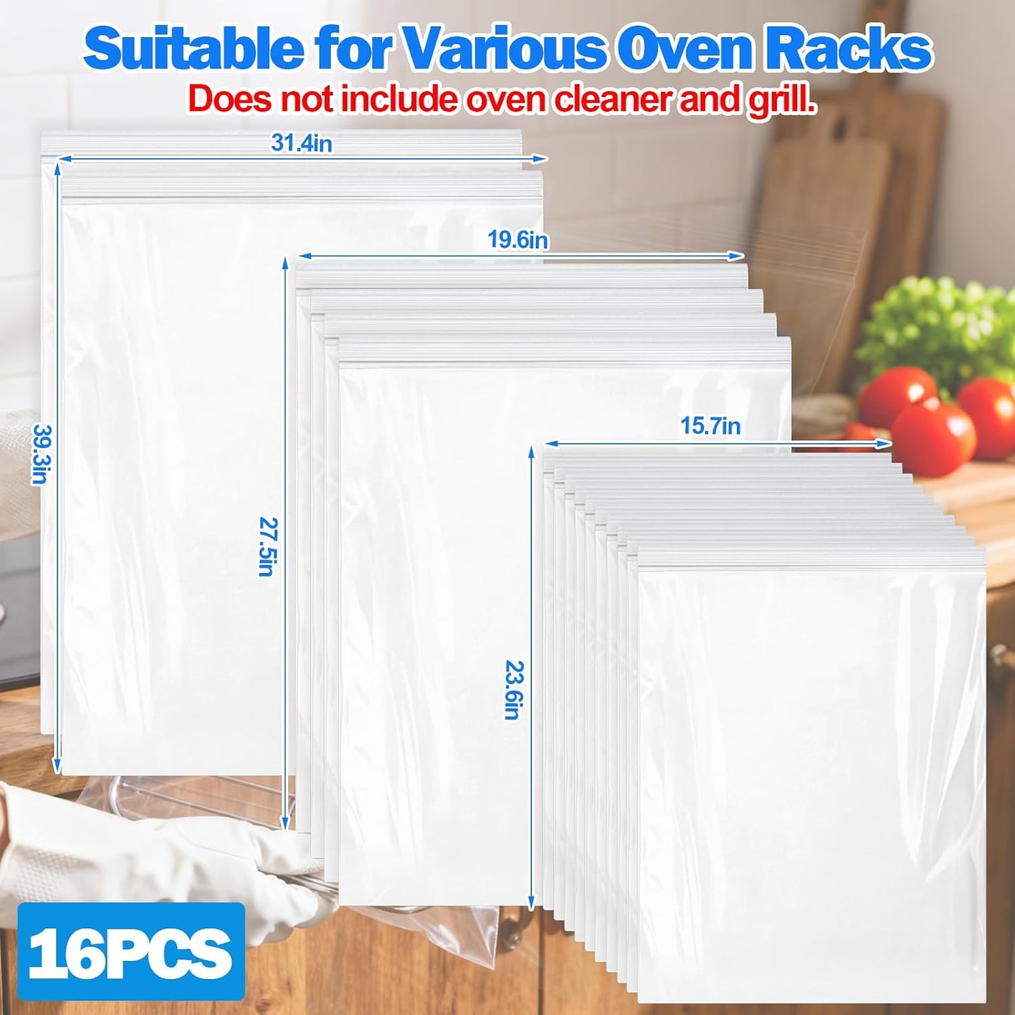 Palksky Oven Rack Cleaning Bags, 3 Sizes Heavy Duty No Scrub Bags for Use with Oven Cleaner, Reusable Leak-Resistant PE Bags for Deep Soaking Grill Grates & BBQ Racks, No Cleaner Included, 16 Packs WN420