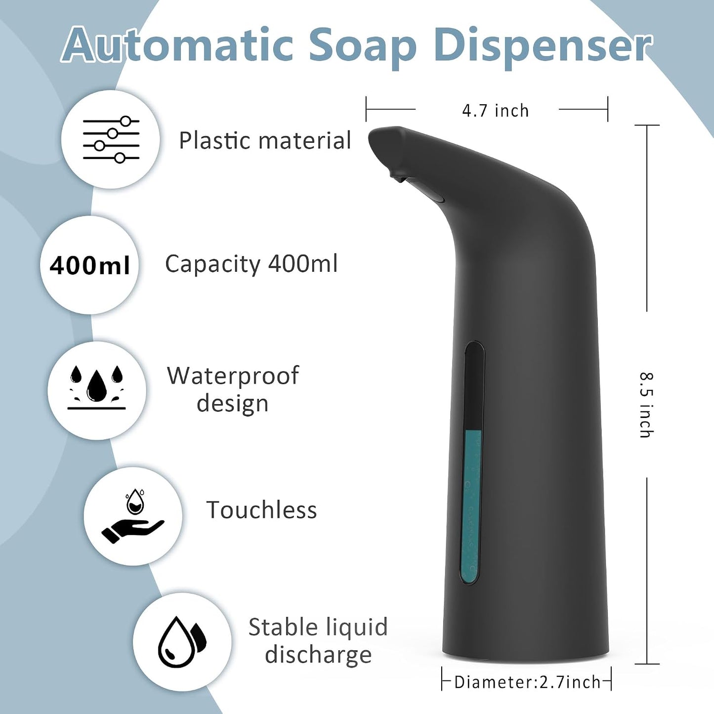 Automatic Soap Dispenser Touchless,400ML Hand & Dish Countertop Electric Liquid Dispenser with Sensor,Modern 4 Gear Adjustable Black Waterproof Battery Operated Kitchen Auto Soap Pump WN420