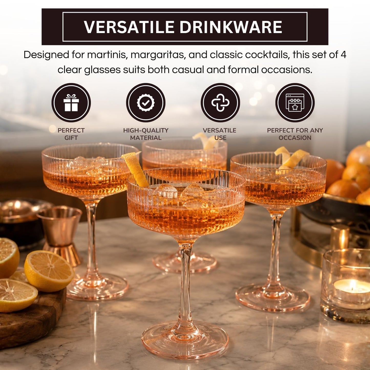 Khen Pink Peach Acrylic Ribbed Coupe Martini Champagne Cocktail Glasses, Set of 4, 8 oz Shatterproof Ripple Stemware European Style Reusable Drinkware Goblets, Indoor Outdoor Parties Weddings Bar Gift BST220