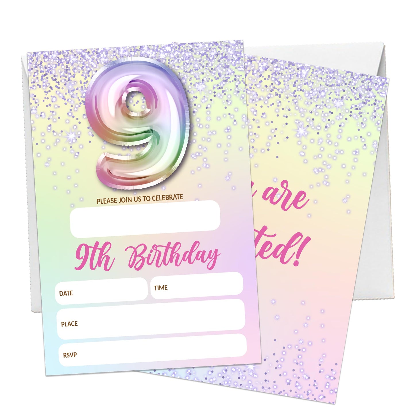 5th Birthday Invitations For Girl,Purple Glitter Birthday Invites, 20 Fill-in Rainbow Balloons Invitation Cards With Envelopes, Fifth Party Decorations 4x6 Inch-D05 WN420