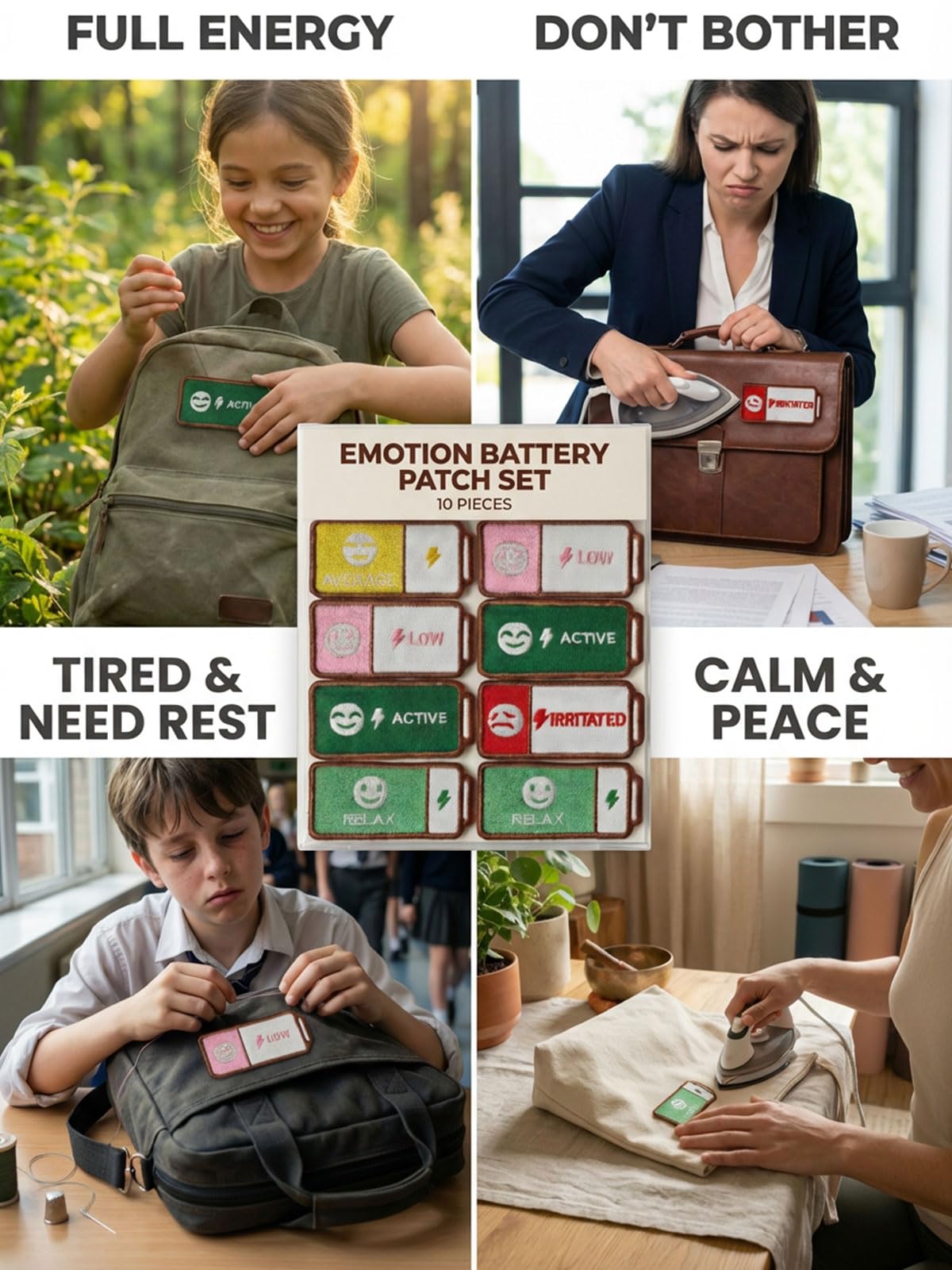 Emotion Battery Sew-on Patch Set, Embroidery Mood Patches for Jackets, Backpacks, Caps & DIY Crafts, Tactical Gear & Workwear Decor, Funny Gift for Friends & Family (5) BST202