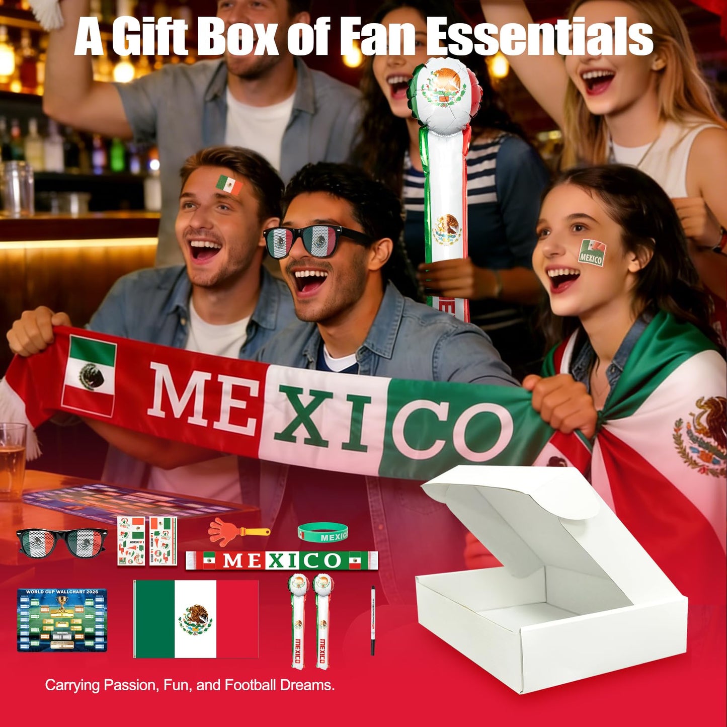 World Cup 2026 Fan Accessories with Large 3x5 ft Flag, Match Tracker Poster, Stickers, Cheering Sticks, Clapper & Scarf, World Cup Decorations Fan kit for Soccer Watch Party, Stadium and Home Cheering BST202
