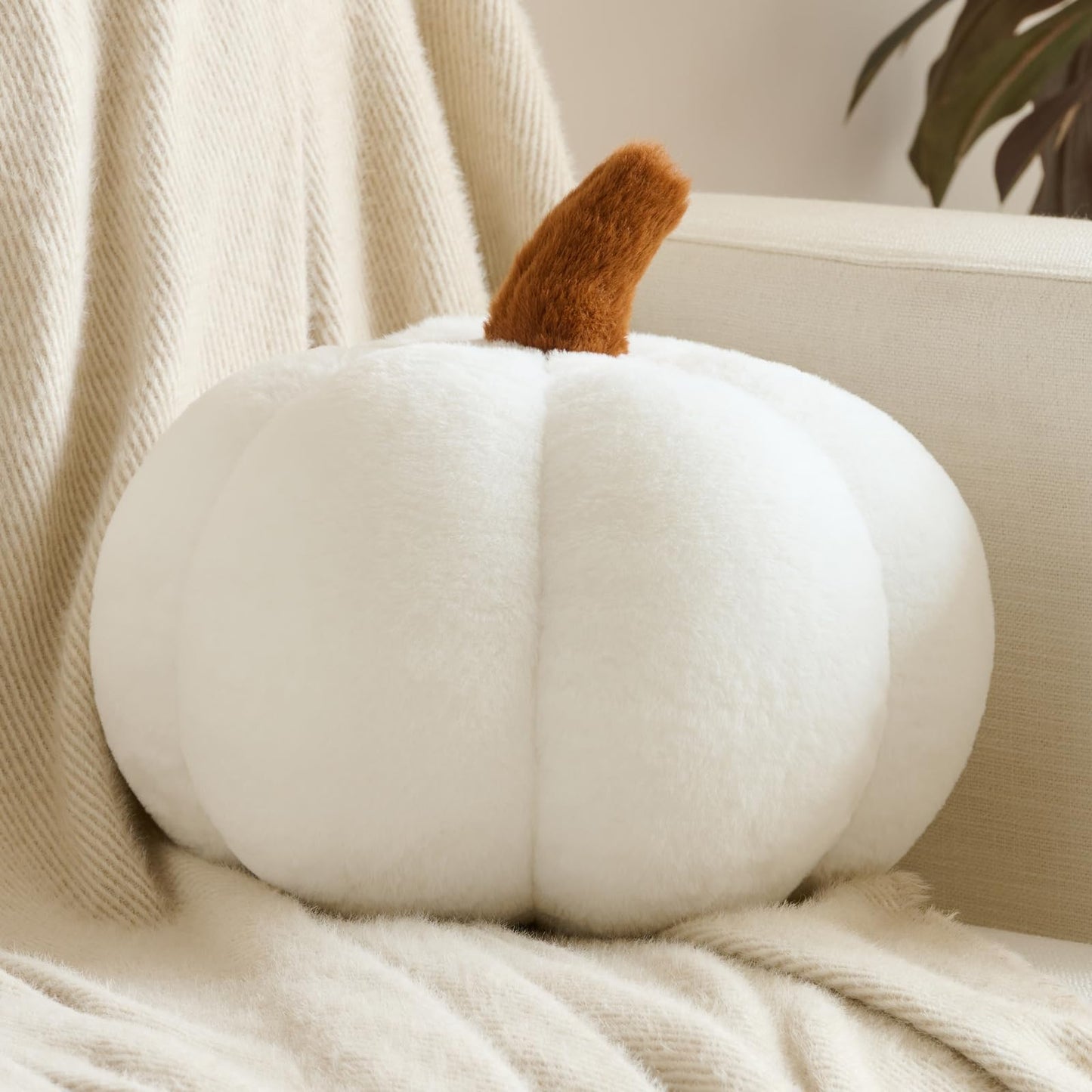 Pumpkin Pillows, Halloween Fall Throw Pillow, Pumpkin Shaped Pillow for Couch, Cute Stuffed Pumpkins, Autumn Decorative Cushion (White, 11 Inches) WN420