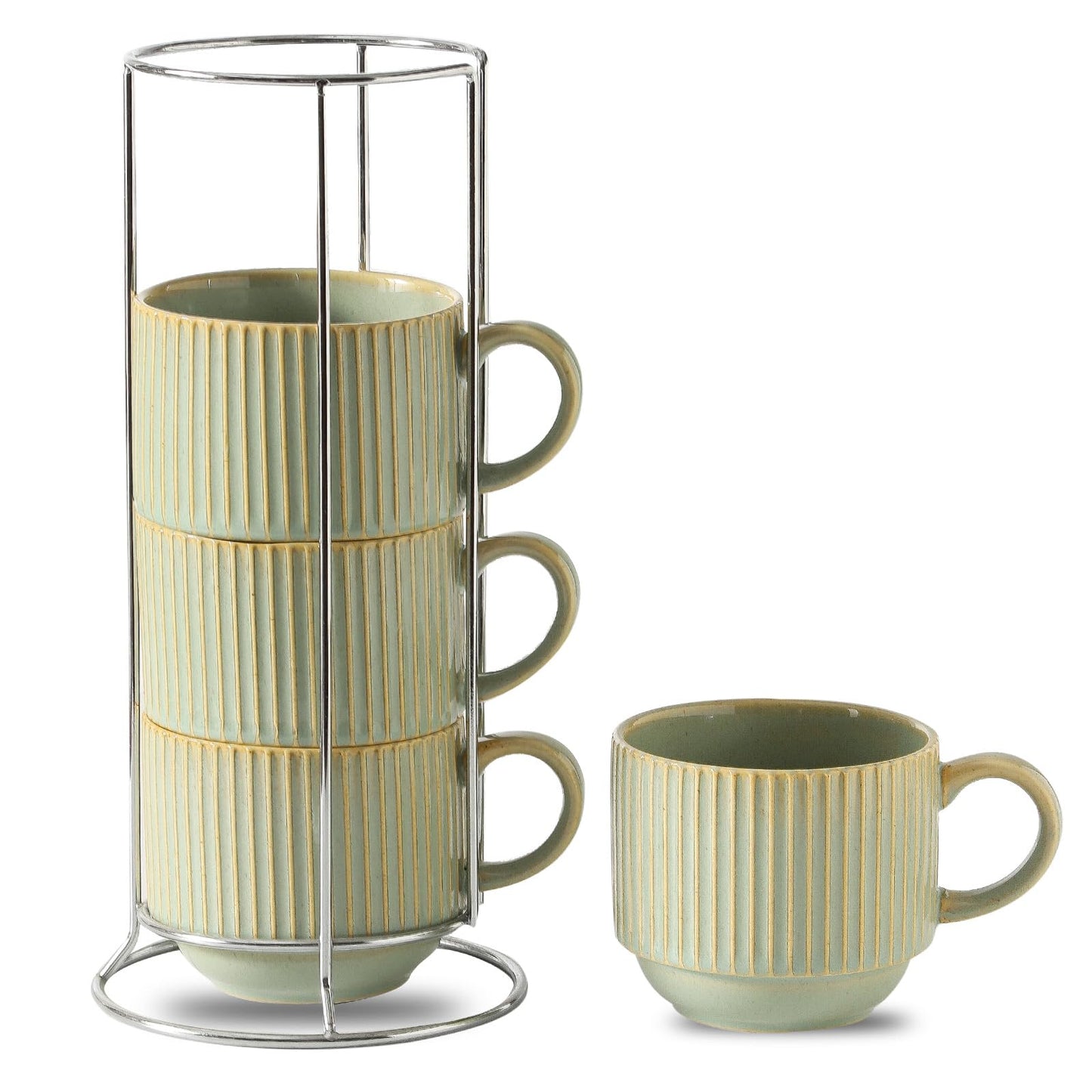 HASENSE 15 oz Ribbed Stackable Coffee Mug Set of 4, Porcelain Latte Cups with Metal Rack, Dishwasher & Microwave Safe, Cappuccino Tea Hot Cocoa, White BST220