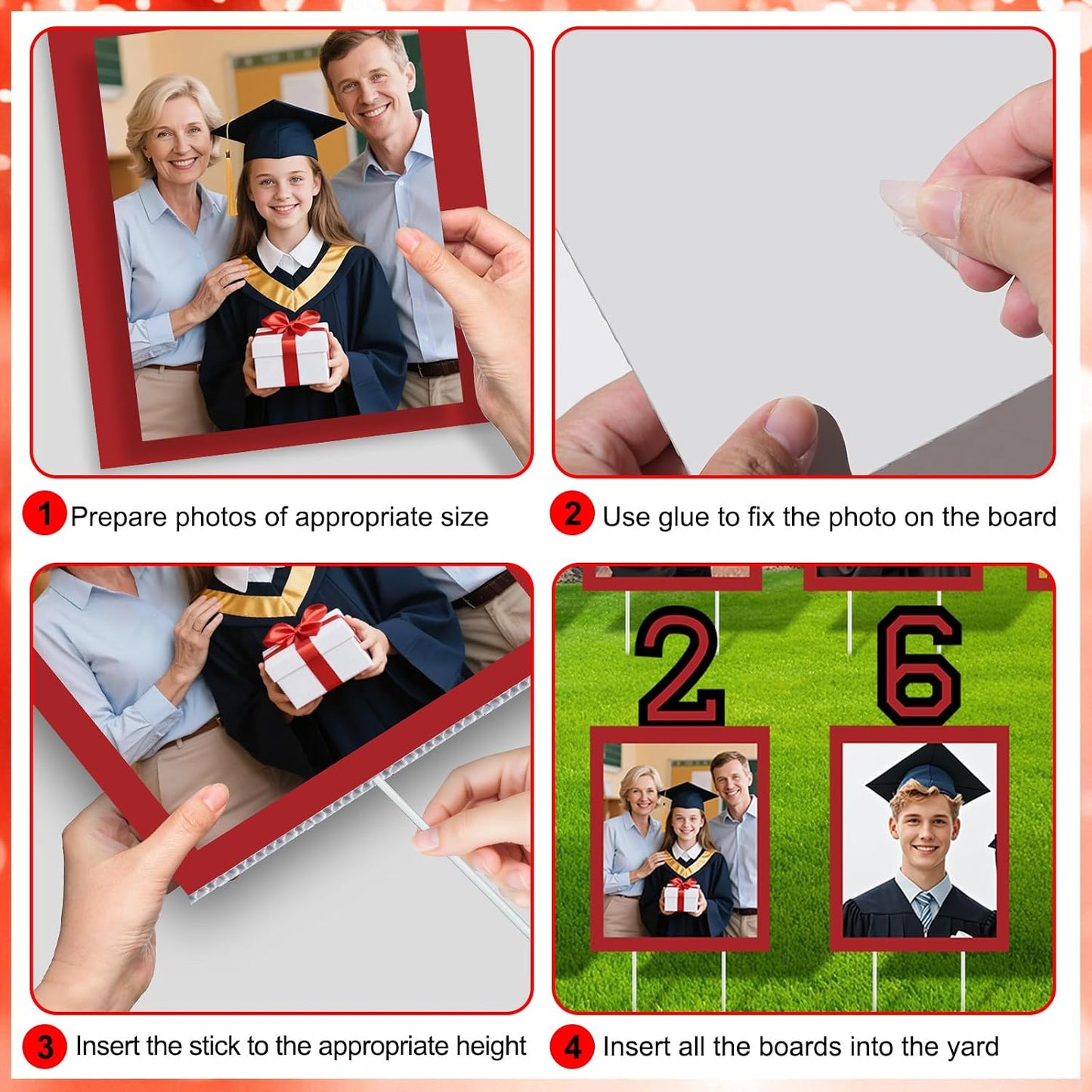 12 Pcs Graduation Photo Yard Sign Decorations 2026, K-12 Grade Graduation School Picture Frame Lawn Sign with Stakes for Kindergarten Middle High School Class of 2026 Grad Party Decorations, Red WN420