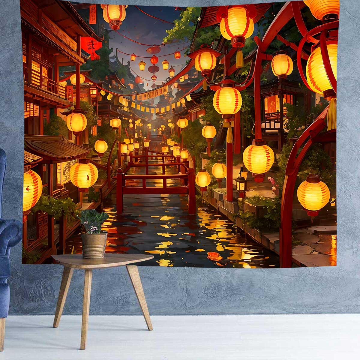 Ine Ive Japanese Tapestry Wall Hanging Large Size 93x71 Inch | Traditional Japan Streets filled with lanterns tapestry for Bedroom Living Room Dorm Office Restaurant Wall Decor BST202