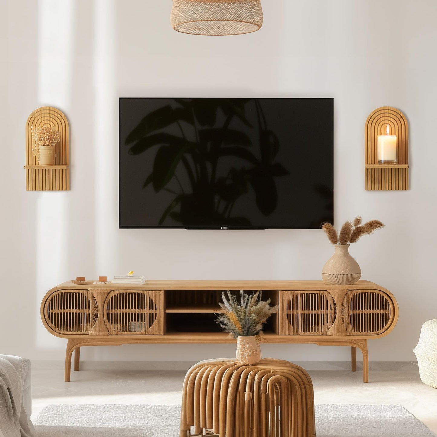 Boho Wall Candle Holder Decor: Mid Century Candle Sconces Set of 2 for Plants Pillar Candles - White Wood Modern Minimalist Arch Candle Shelf Bohemian Art Decor Beside Fireplace TV BST220