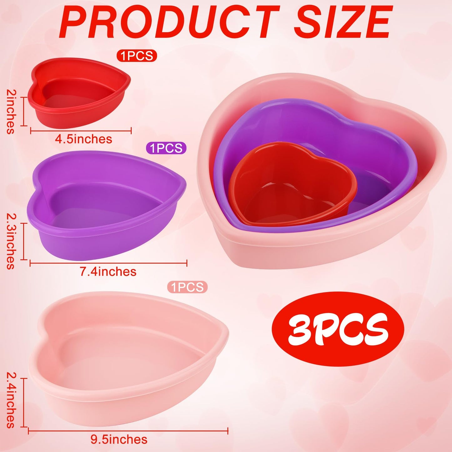 3 Pieces Silicone Heart Cake Pan, 5 8 10 inches Heart Shaped Cake Pan Nonstick Cheesecake Mold Reusable Food Grade Silicone Baking Mold for Baking Brownie Valentine Mother Wedding Birthday Day, Red BST326H
