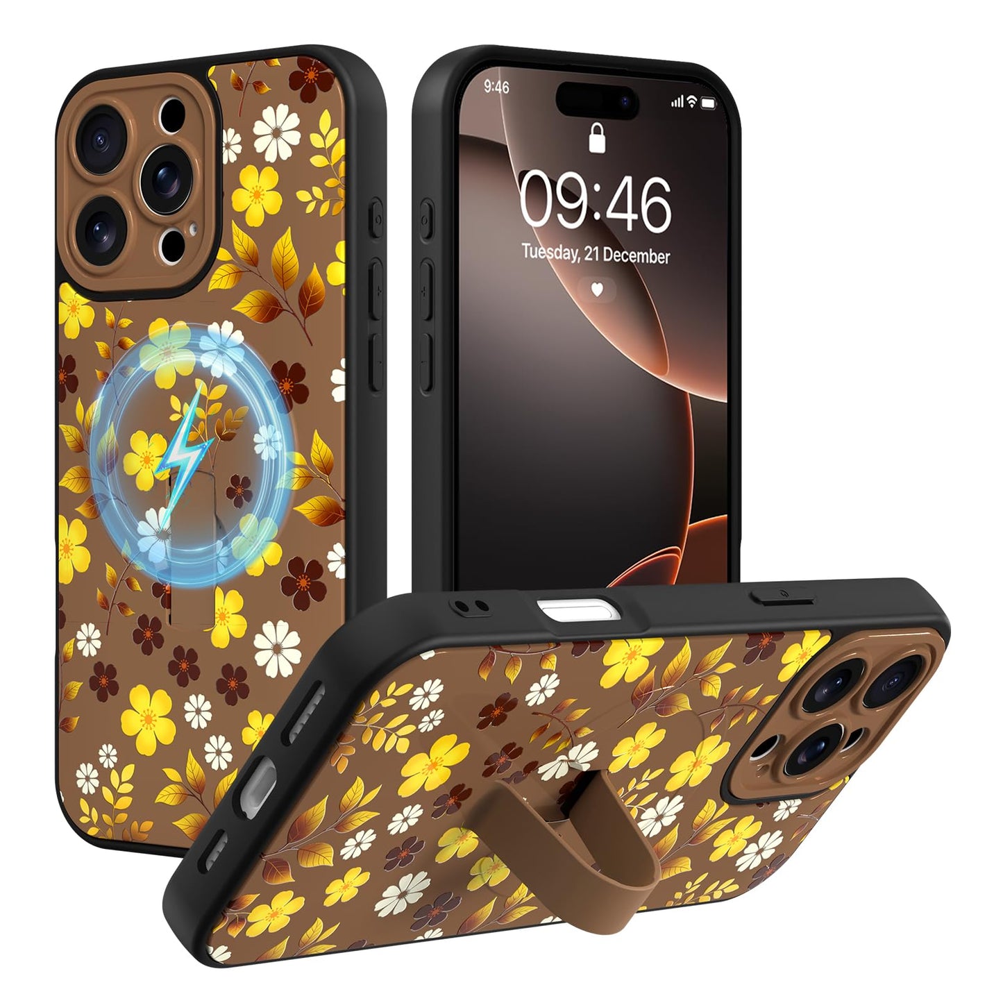 Compatible with iPhone 13 Case, Cute Cheetah Leopard Pattern | Built in Adjustable Wrist Strap Grip Hand Holder Stand Shockproof Kickstand Cover for Women Girls (Black White) WN420