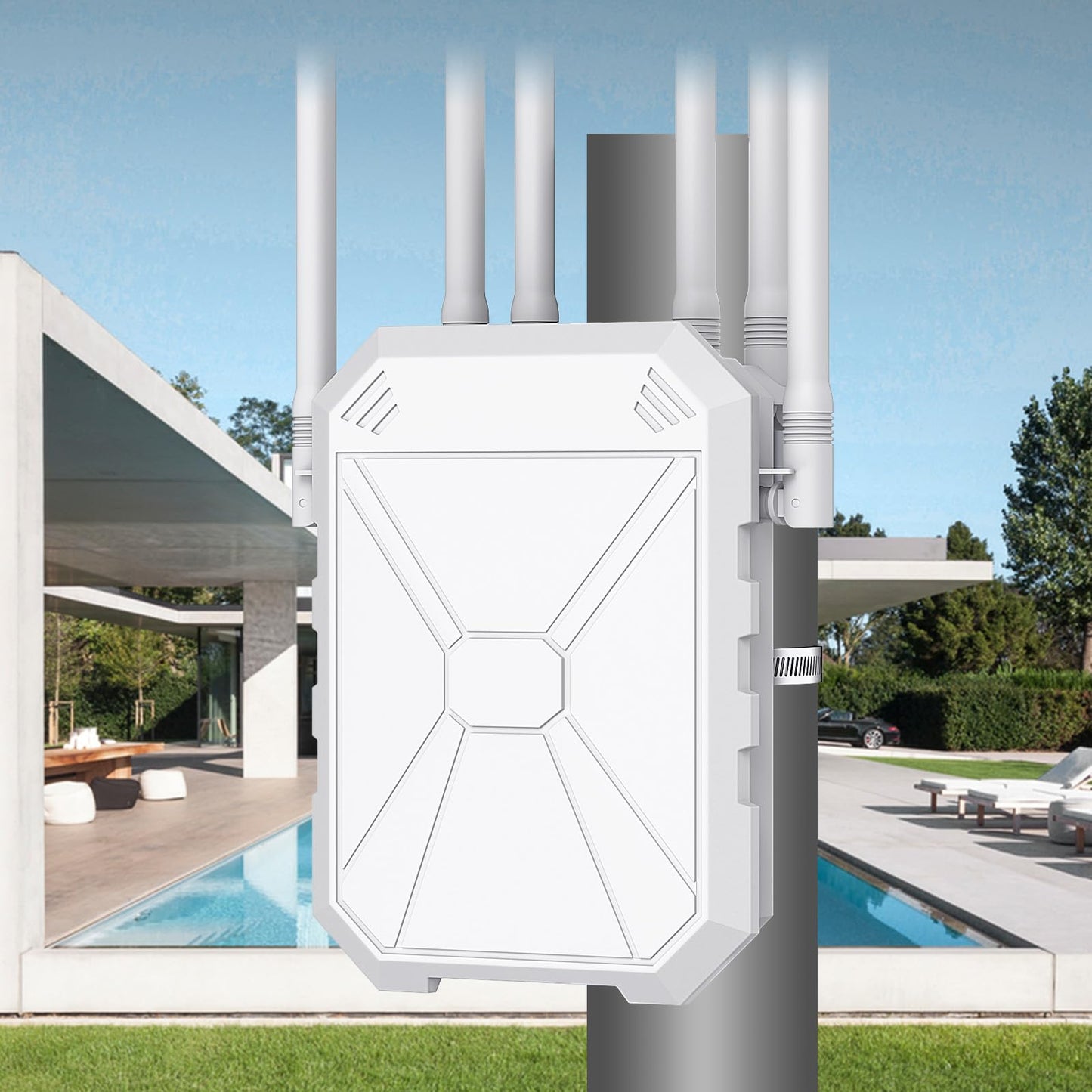 Outdoor WiFi Extender AX1800, Outdoor High Power Long Range WiFi Booster with 6 Antennas, Dual Band Outdoor Access Point Gigabit Port, WiFi Extenders Booster for Backyard, Garage, Farm, Pool