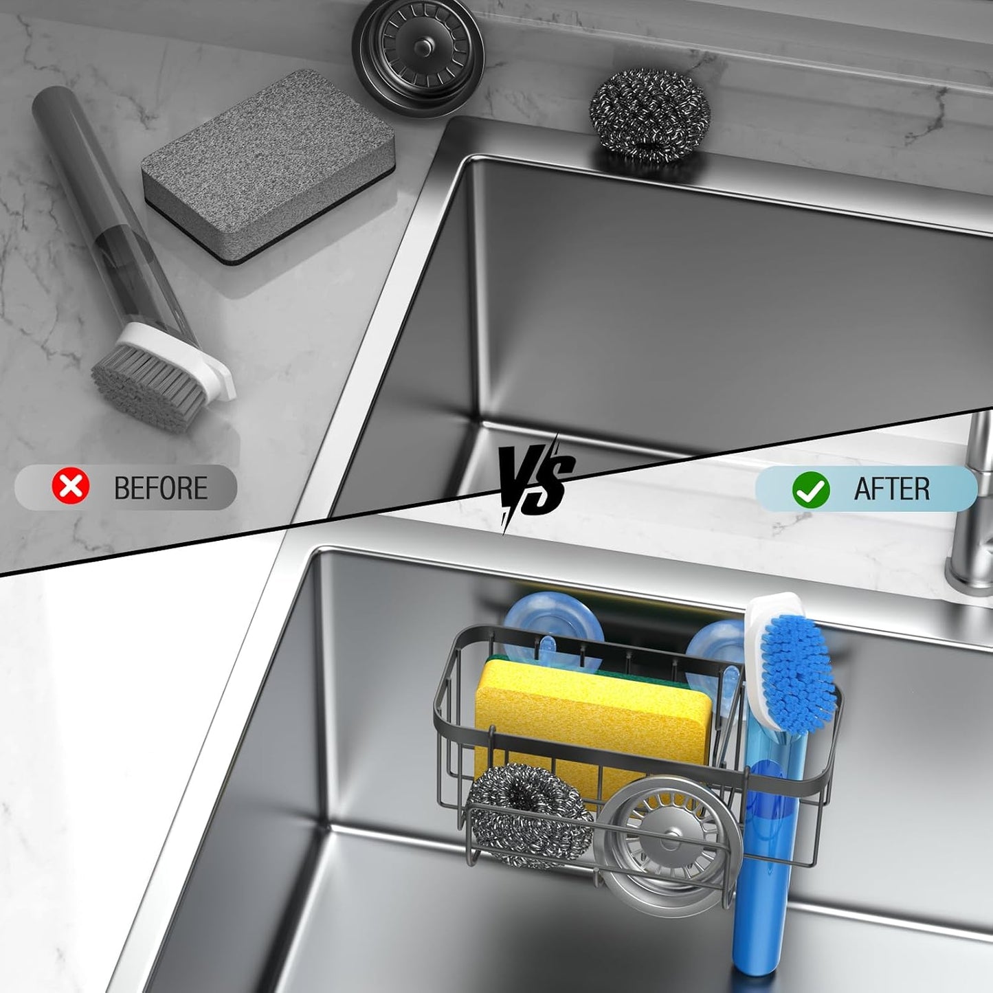 3-in-1 Kitchen Sink Caddy Organizer with Sponge Holder, Brush Holder, Extra Rack for Scrubber, Sink Stopper, Dish Cloth Hanger - Strong Dual Suction Cup, 2.0mm SUS304 Stainless Steel - Grey WN420