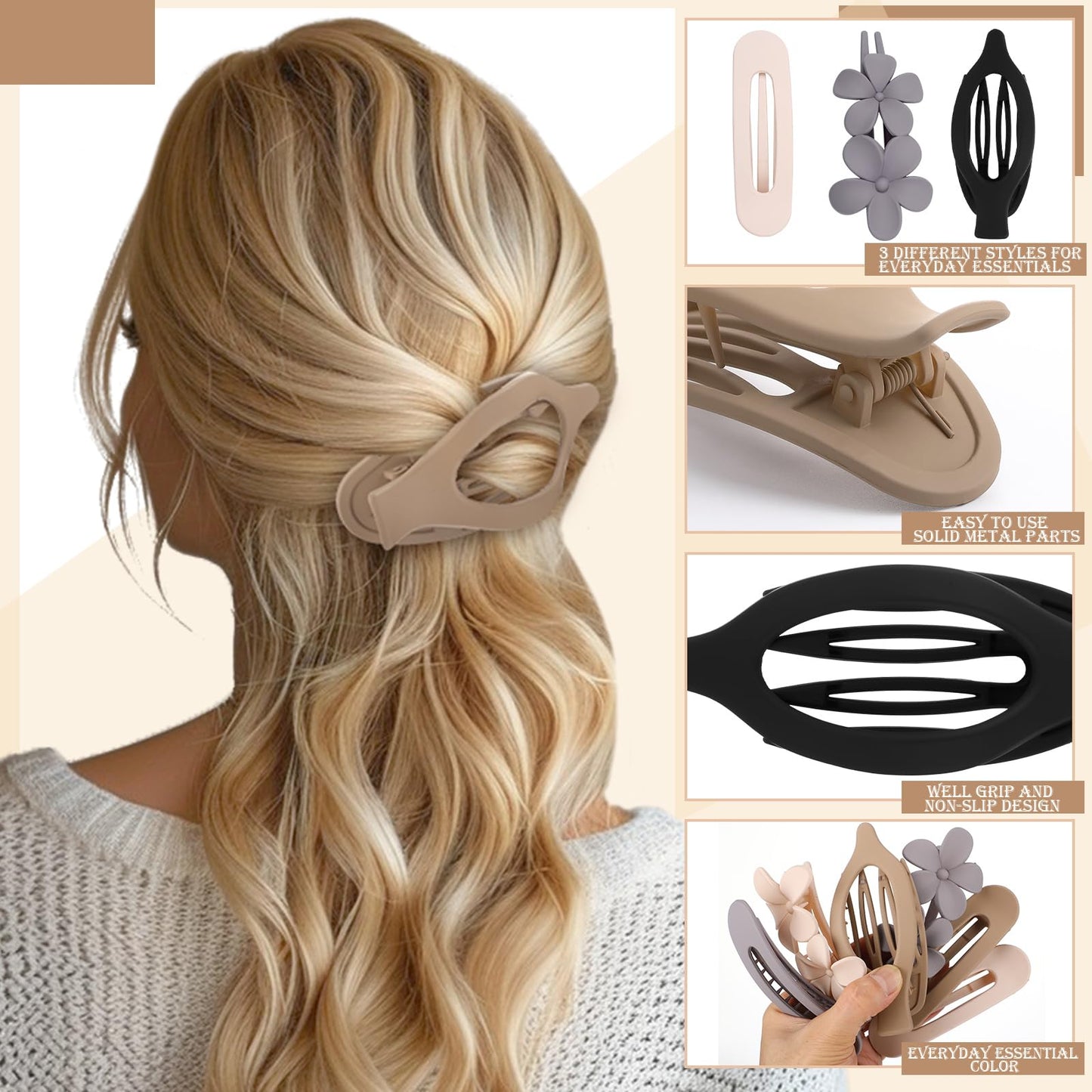 8 Pcs Flat Hair Clips for Women, 2 Styles Large Flat Claw Clips for Women, Strong Hold Non-slip French Hair Clips for Thick Thin Hair, Neutral Color WN420