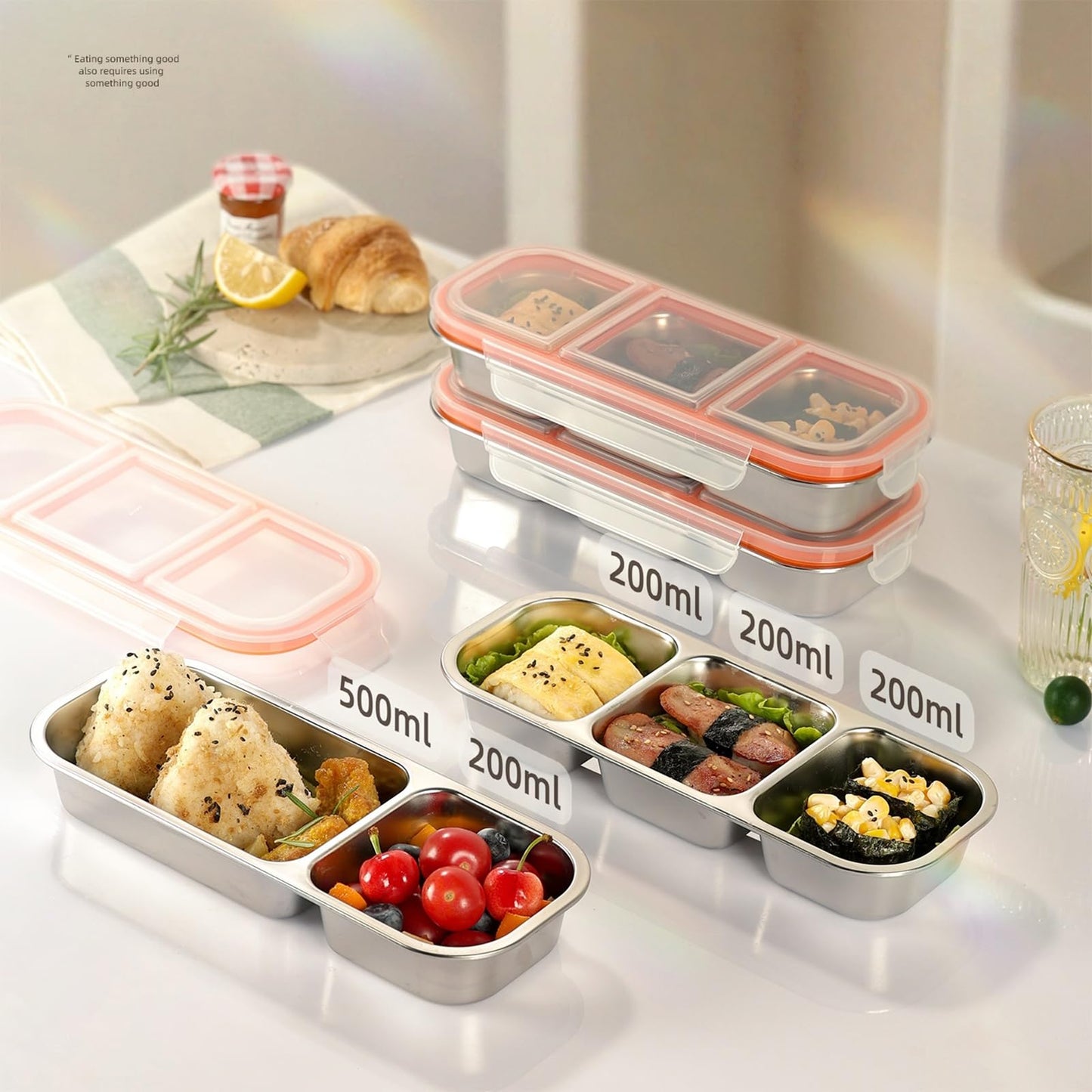 Reusable Stainless Steel Snack Containers with Lids – 10.3" x 4" 3 Compartment Snackle Box, Leak-Proof Metal Snack Containers for Kids & Adults, Divided Food Storage Box (2 Compartment 2 Pack) BST220