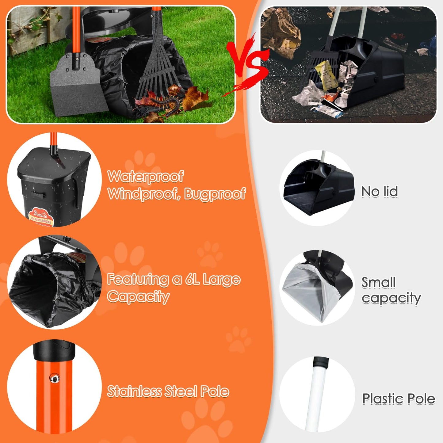 SlowTon Dog Pooper Scooper - 37.4" Long Metal Handle Adjustable Rake & Spade & Swivel Bin with 10 Waste Bags, Portable Pooper Scooper N3233