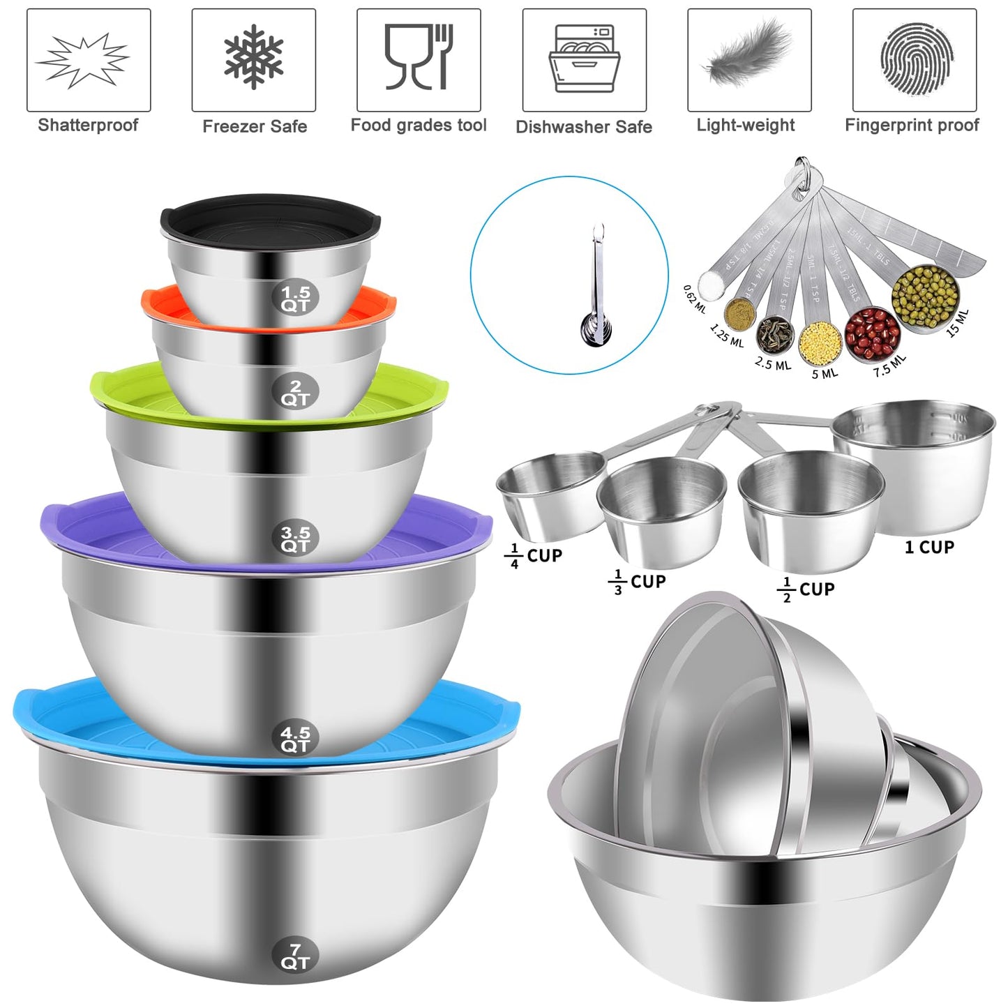 WEPSEN Mixing Bowls Set, 25PCS Stainless Steel Mixing Bowl with Lid Set, Large Nesting Bowls 7, 4.5, 3,2, 1.5QT, Measuring Cups and Spoons Baking Utensils Metal Bowl for Kitchen Prep BST220