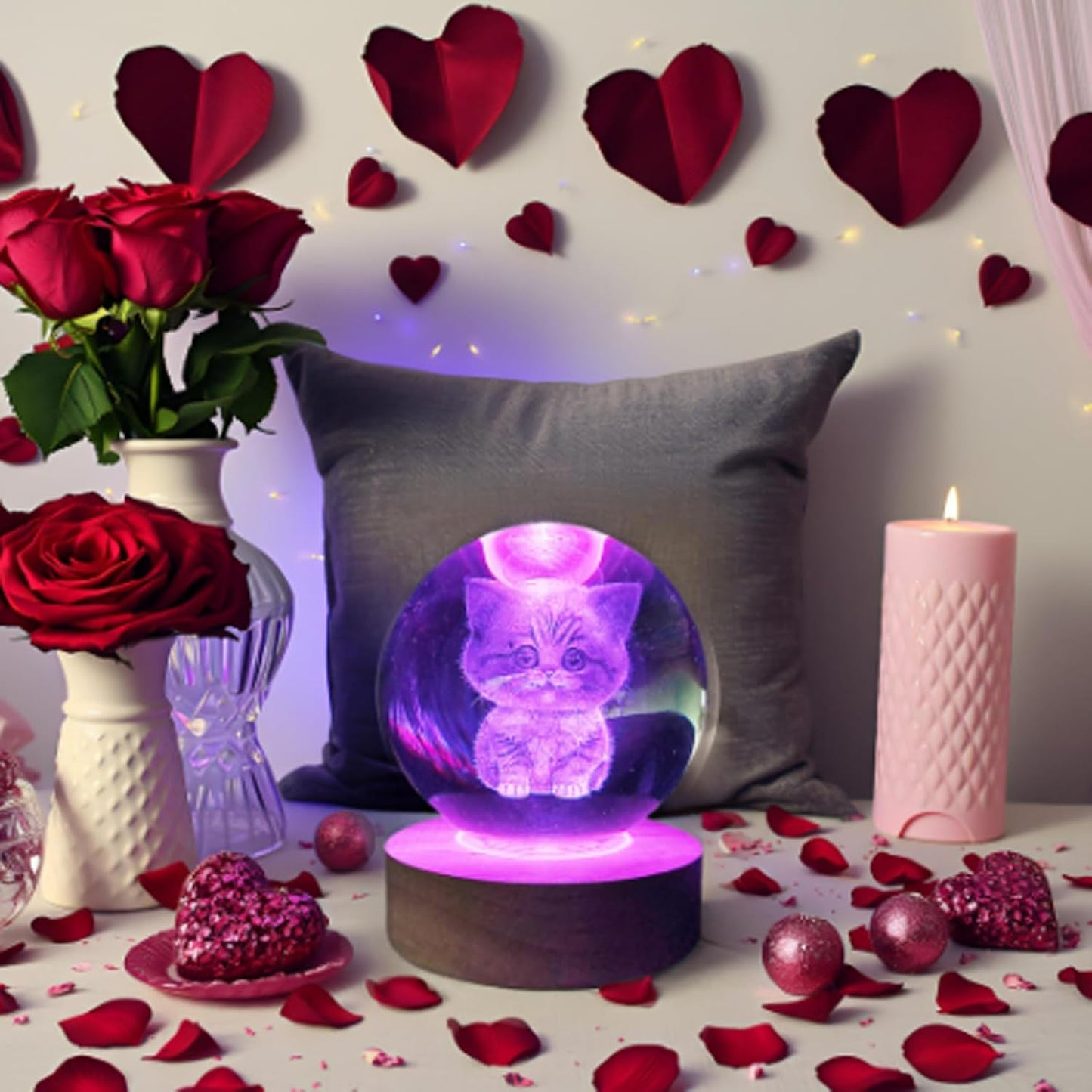 3D Kitten Crystal Ball 3.15" / LED Gradient Color Wooden USB Switch Base/Cat-Themed Couple Gift/Birthday,Christmas Gifts for Women WN420