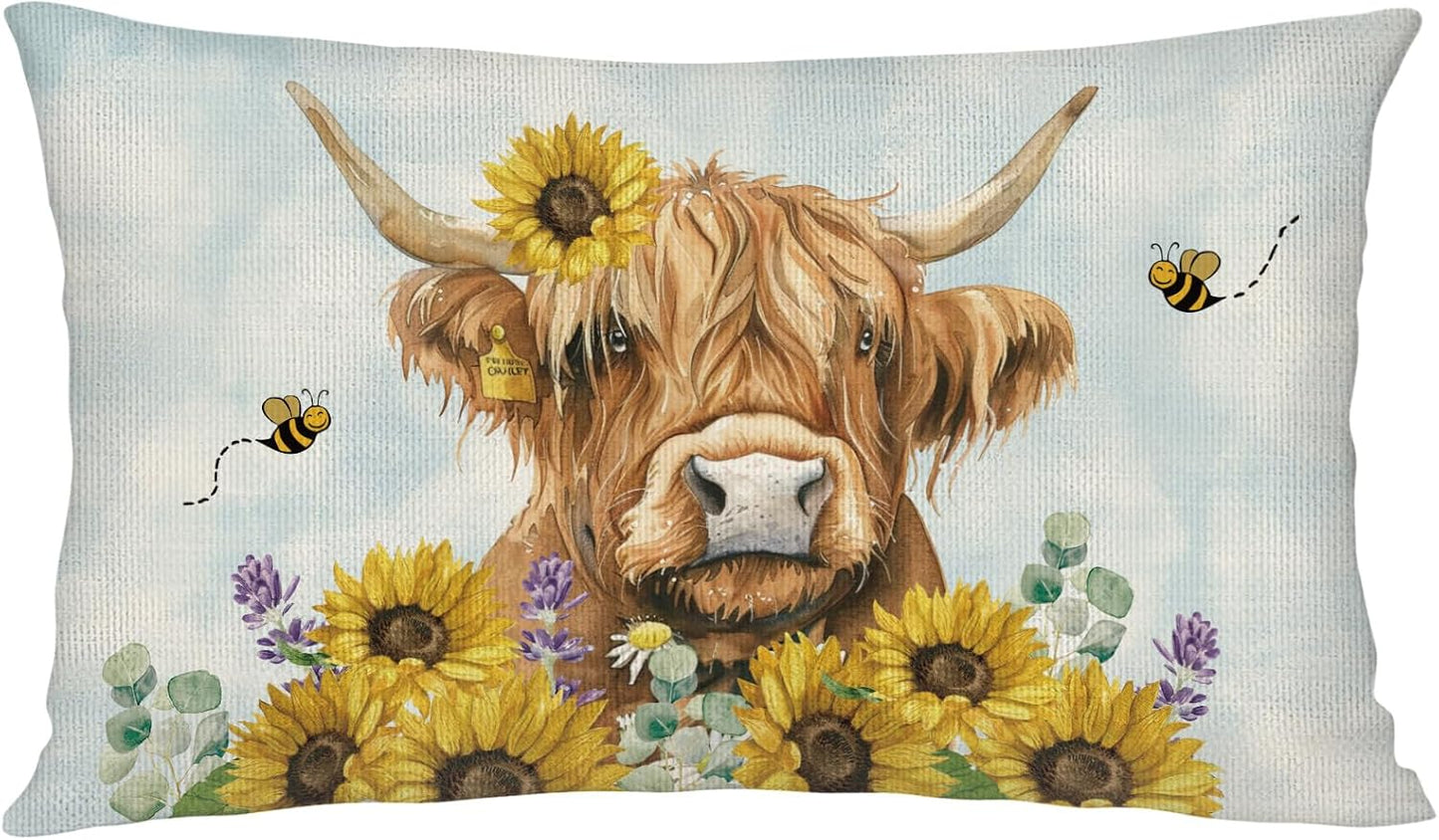Sunflower Highland Cow Lumbar Throw Pillow Cover 12x20 Inch Summer Cushion Case Decoration for Sofa Couch BST202