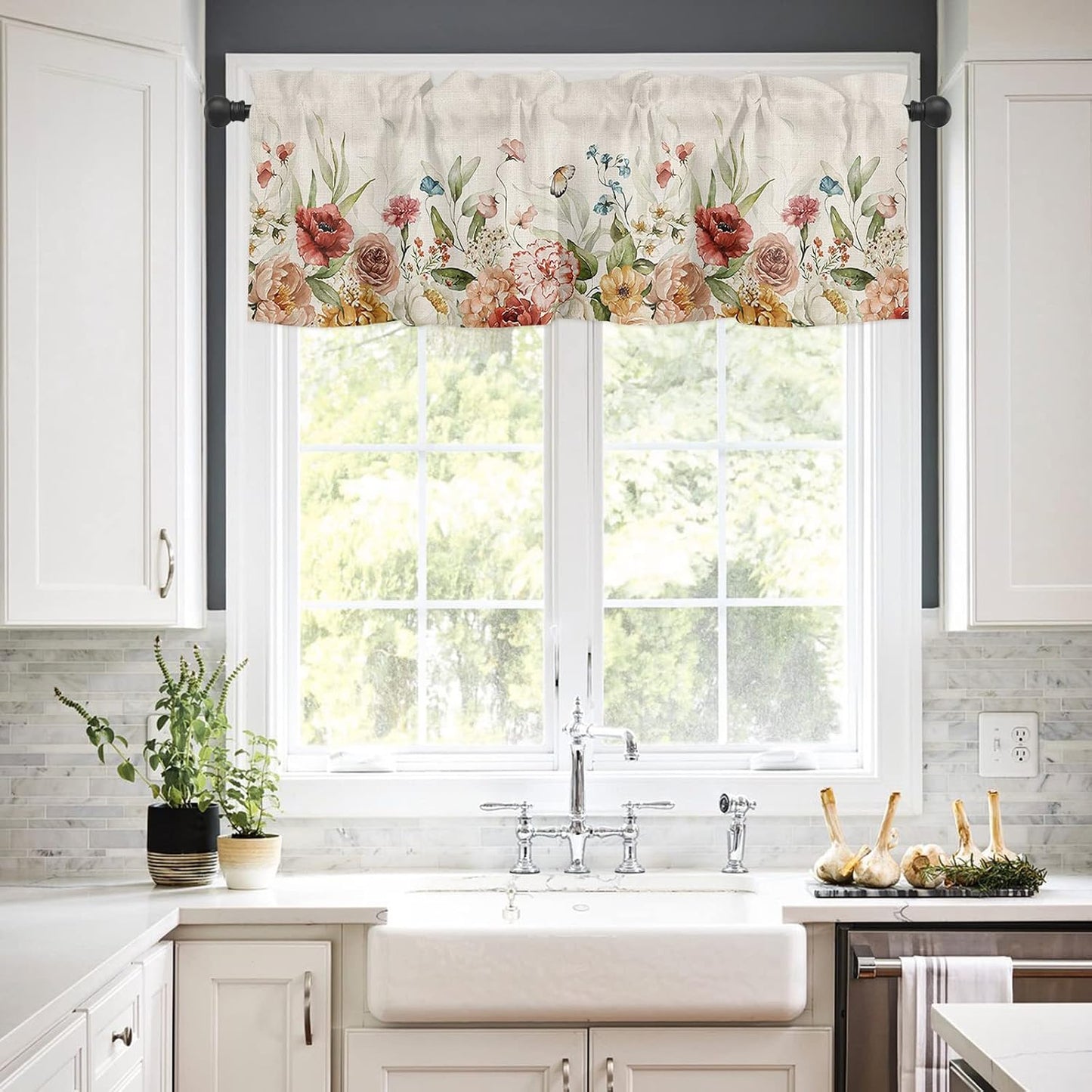 Spring Rose Curtain Valances for Windows, Wild Flowers Butterfly Linen Texture Rod Pocket Valance Window Treatments Botanical Short Curtains for Kitchen Bathroom Living Room 54 x 18 Inches, 1 Panel BST220