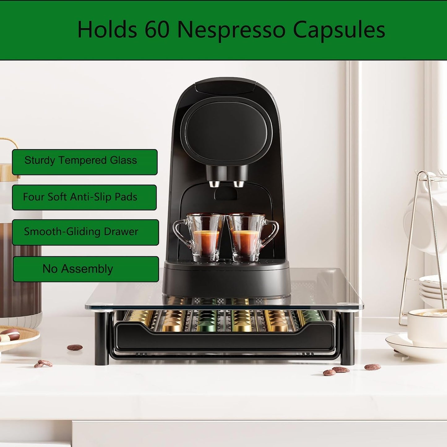 SEVENLINE Crystal Tempered Glass Coffee Pod Storage Drawer Compatible with Nespresso OriginalLine Capsules Holder 60 Original Line Pods Holds Kitchen Organizer BST220