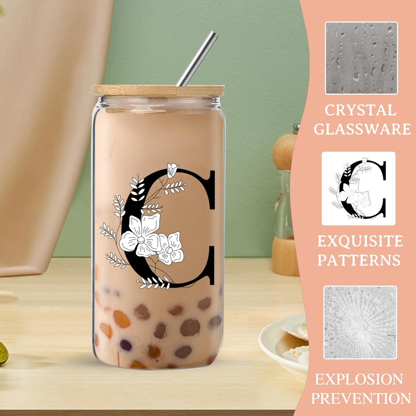 Monogrammed Initial Glass Cup with Lids and Straws gift for Women | Personalized Gift Set with Doll, 16 Oz Ice Coffee Cup ,reusable glass tumbler,Birthday Christmas Gift for Her,U WN420
