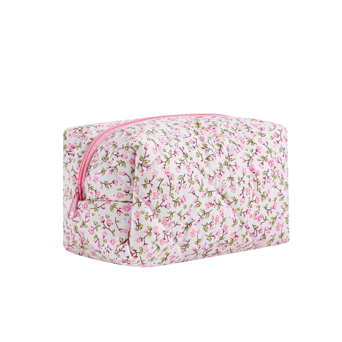 Cute Small Floral Cotton Makeup Bag, Quilted Zipper Pouch with Coquette Bear for Women and Girls, Kawaii Travel Cosmetic Bags for Purse(07Yellow and Pink Flower) BST220
