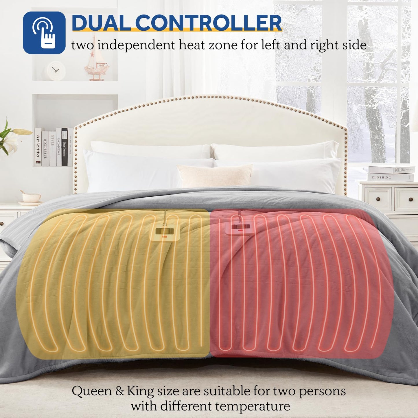 Sealy Heated Electric Blanket Queen Size, Flannel Electric Blanket with 10 Heating Levels & 1-12 Hours Auto Shut Off, Fast Heating Warming Blanket, Machine Washable, Grey, 84 x 90 Inch