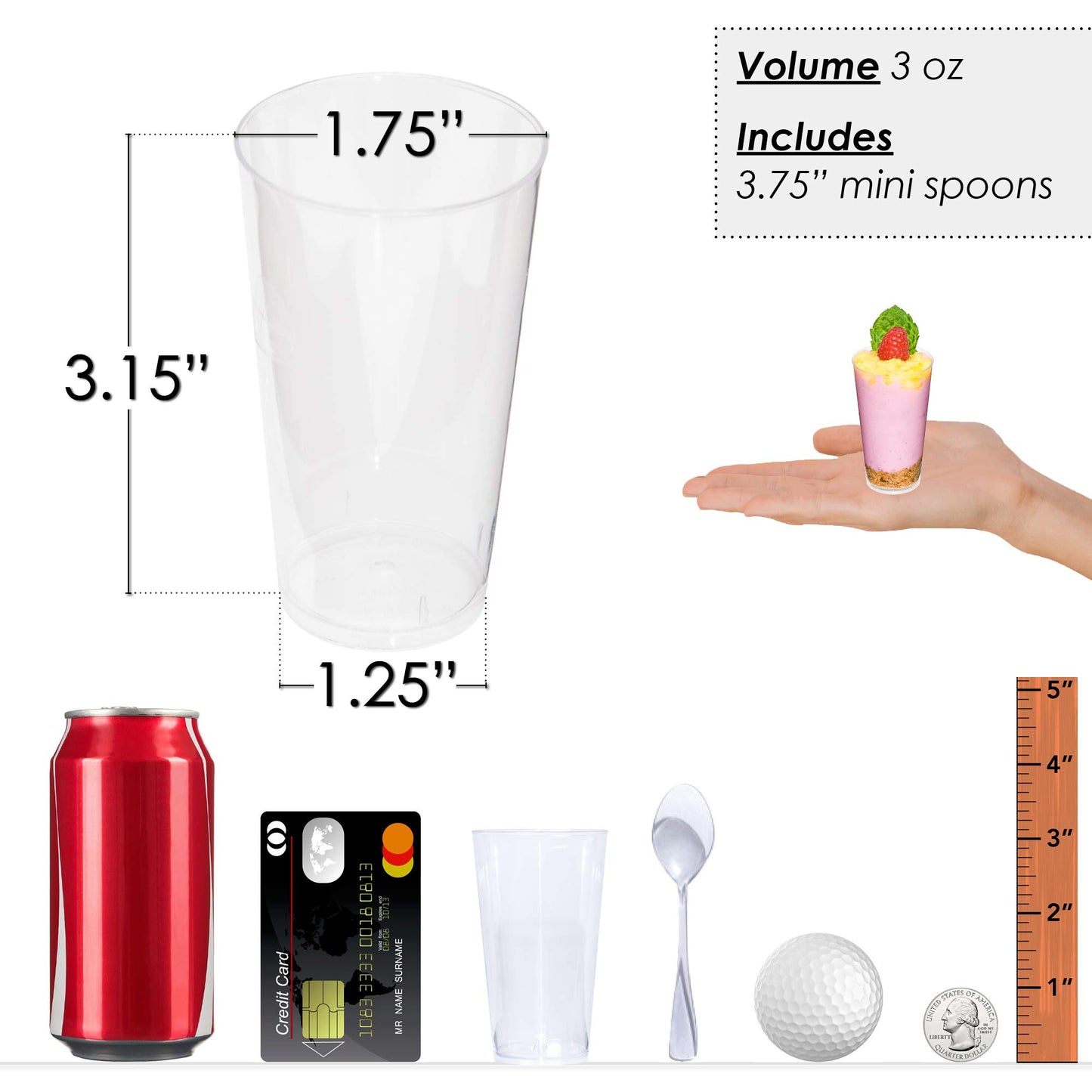 DLux 100 x 3 oz Mini Dessert Cups with Spoons, Shooter - Clear Plastic Parfait Appetizer Cup - Small Reusable Shooter Glass for Tasting Party Shooters Desserts Appetizers - With Recipe Ebook BST220