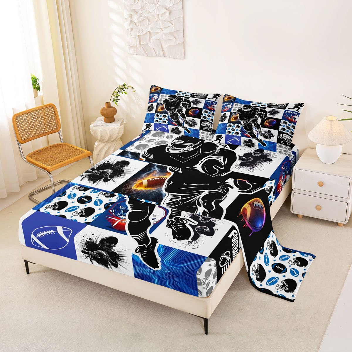 Erosebridal Gridiron Sheet Set Sports Ball Game Sheets Twin for Boys Girls Rugby Competition Game Bed Sheets Set, Football Themed Bedding Set with 1 Pillowcase BST326H