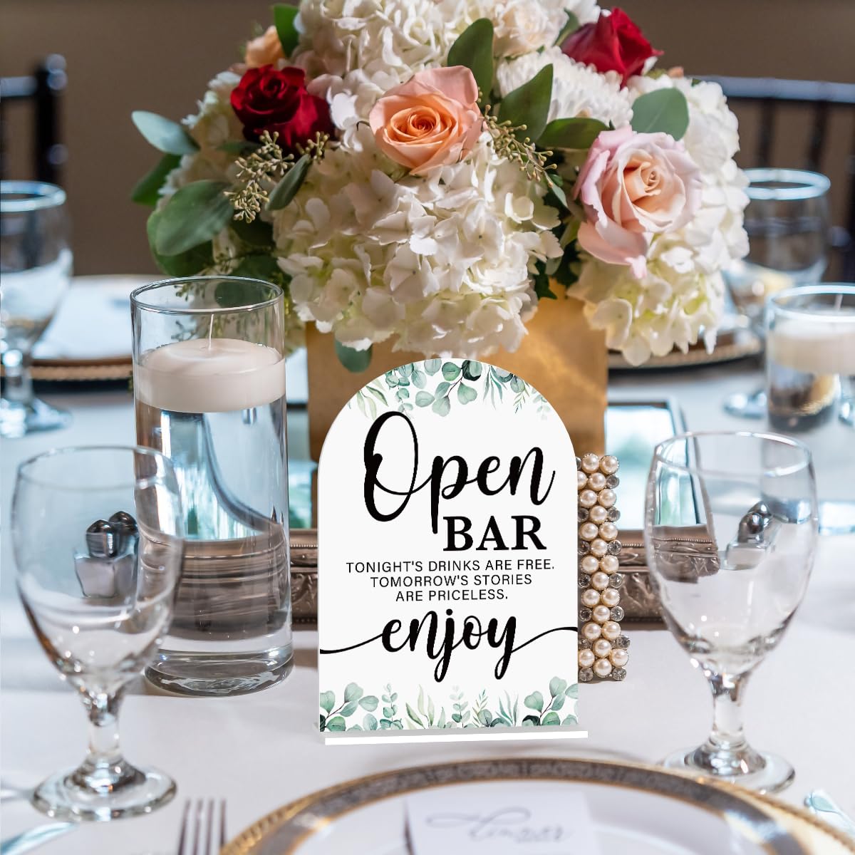 Acrylic Wedding Sign Bubble Send Off Signs for Ceremony Modern Calligraphy Arch Acrylic Table Top Signs for Wedding Reception and Event Party Table Decor (White Eucalyptus Leaves) BST326L