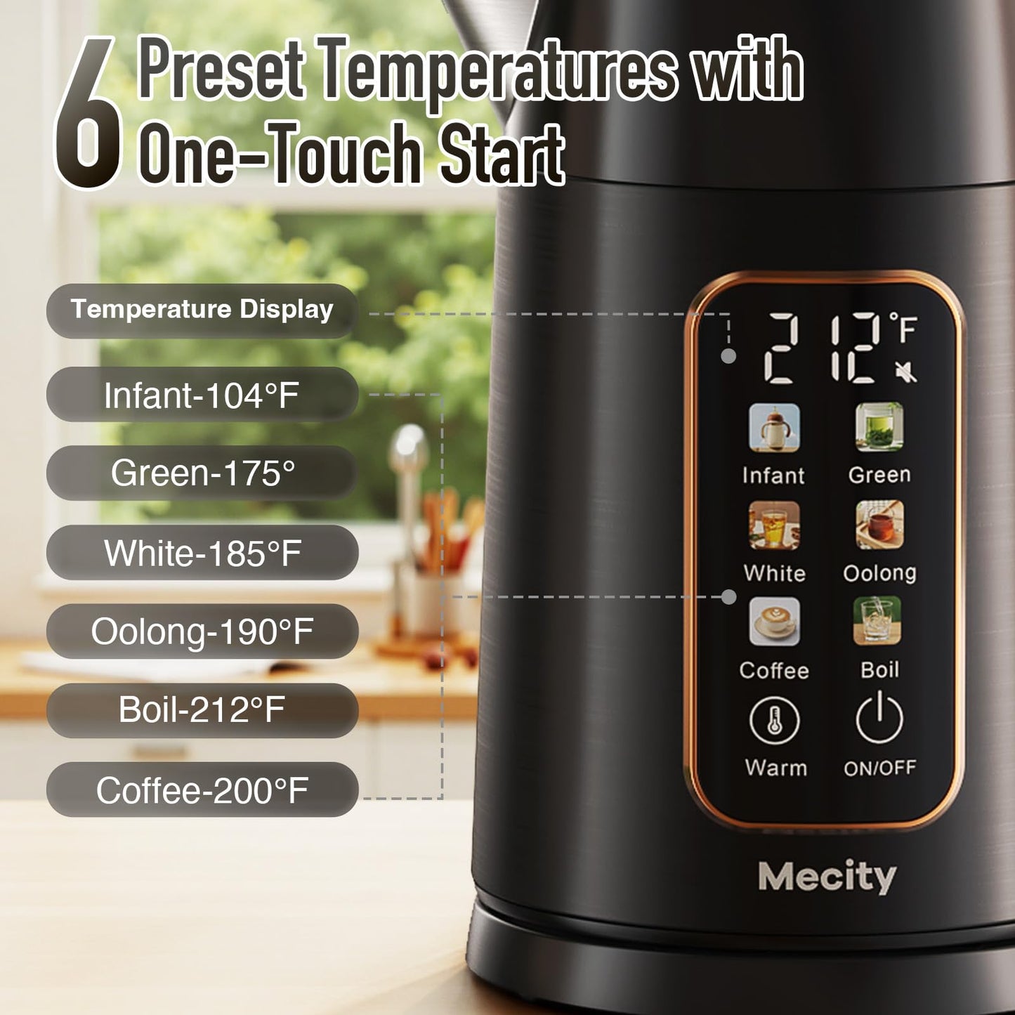 Mecity Electric Kettle 1.7L Touch Screen Temperature Control Water Boiler, No Plastic Contact with Water. 6 Preset Temperature Programs, 2 Hours Keep Warm, Auto Shut Off, Dark Grey DD1210