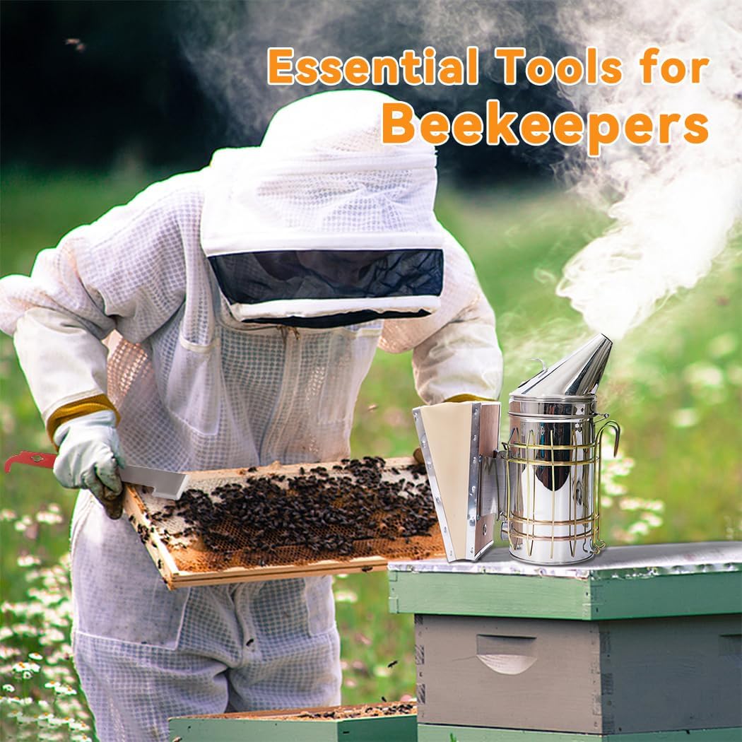 POLLIBEE Bee Smoker Stainless Steel Smoker Kit with Heat Shield Bee Hive Tool J Hook Beekeeping Supplies and Beekeeper Tool Set WN420