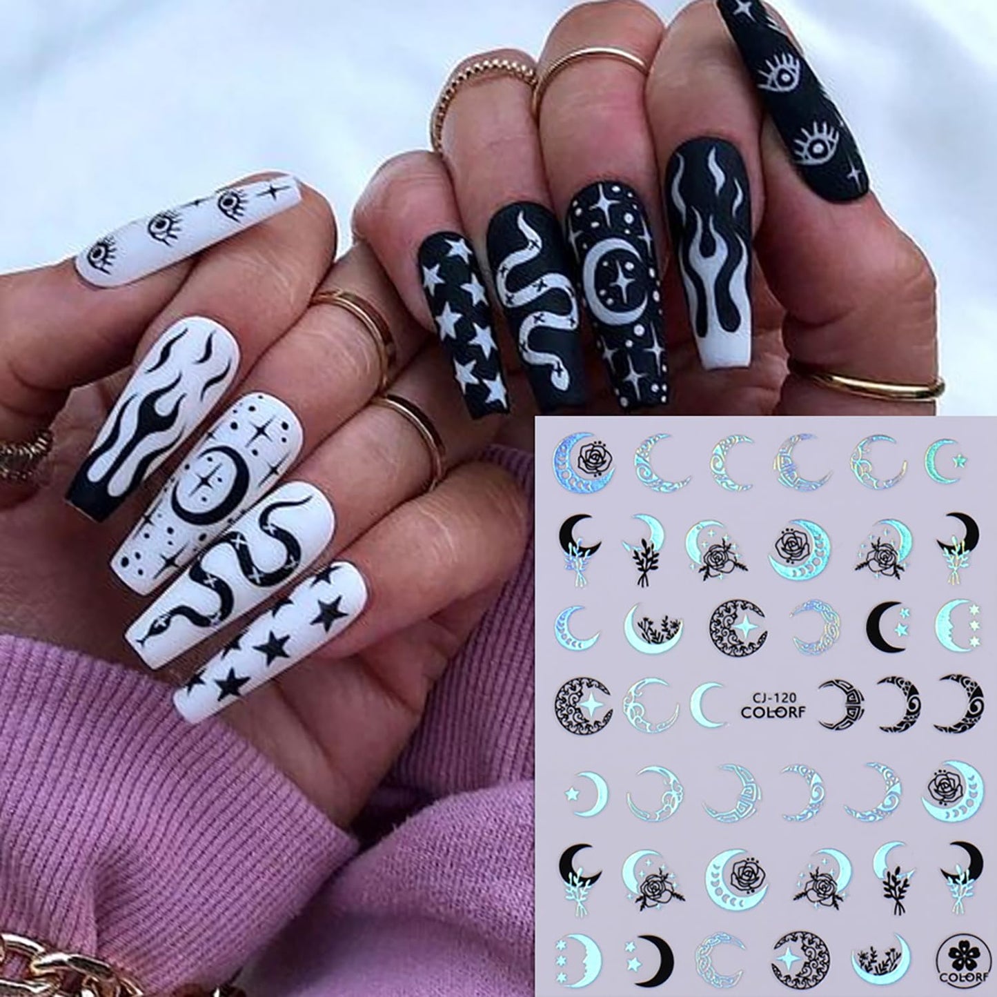 Liquid Butterfly Nail Art Sticker Decals Black Gold Black Silver Butterfly Moon Design Nail Decals 3D Self-Adhesive Nail Art Supplies Heart Nail Art Sticker Decoration for Women Manicure Supplies BST326L