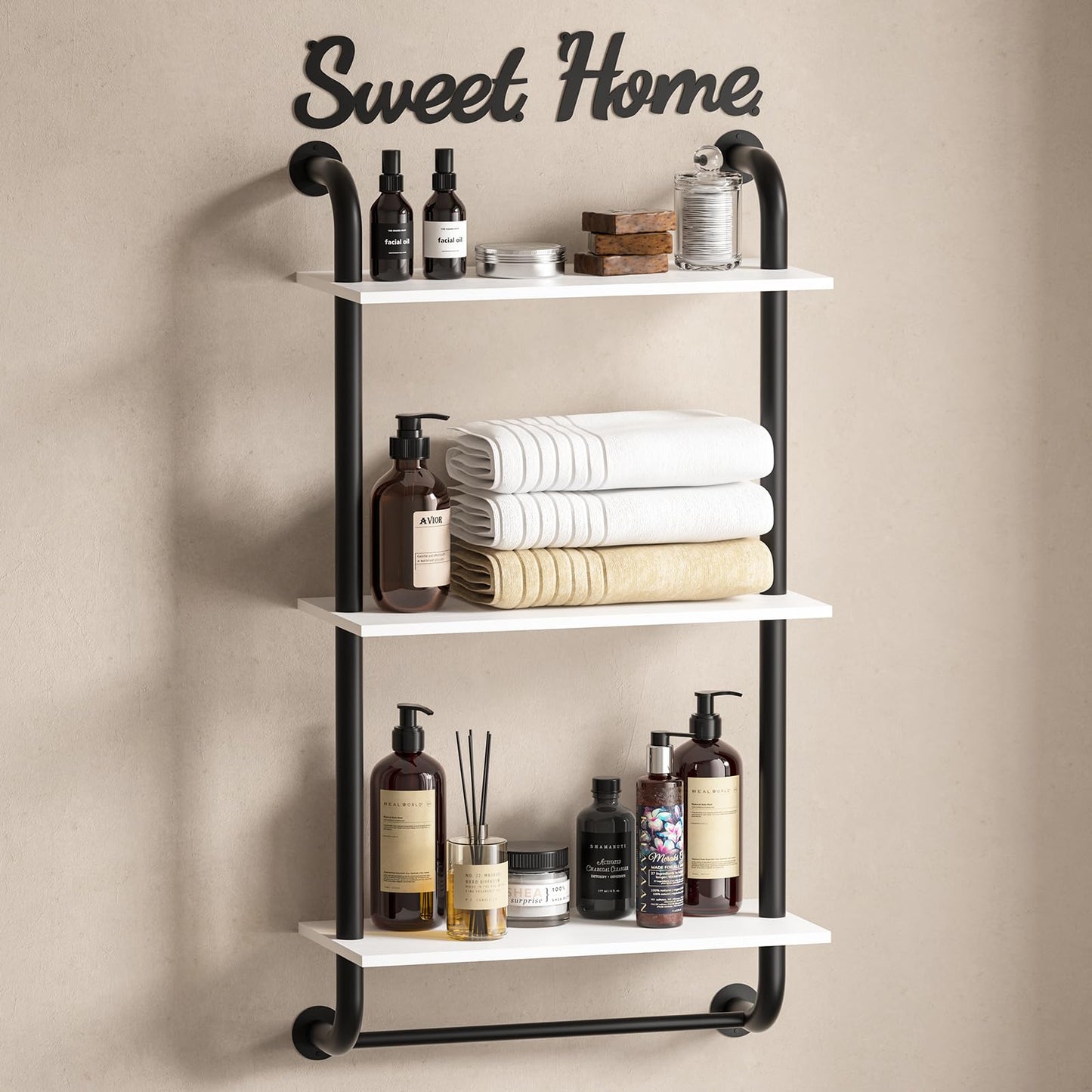 Tinpin Bathroom Shelves Wall Mounted, Rustic Farmhouse Pipe Shelves, Walls Shelf 3-Tier, Industrial Pipe Shelving, Floating Shelf Wall Decor for Bathroom, Kitchen, Bedroom, Living Room 17.3in Black DD1210