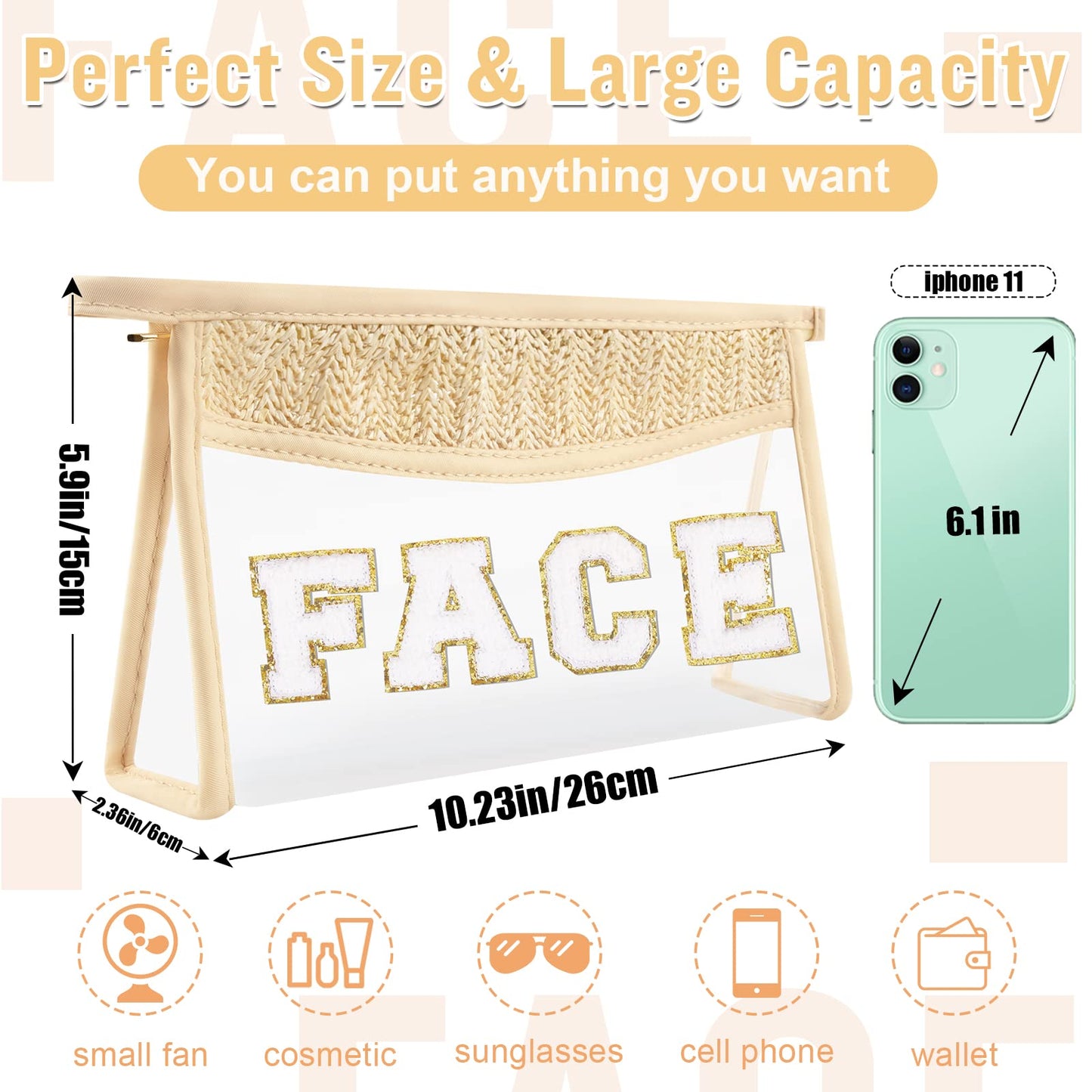 Boho Clear Makeup Bag Cosmetic Zipper Pouch Purse, Clear Toiletry Bags Travel Small Preppy Cute DIY Chenille Letter Bag, Transparent PVC Waterproof Clutch Make Up Organizer Storage Bag for Women Girls BST220