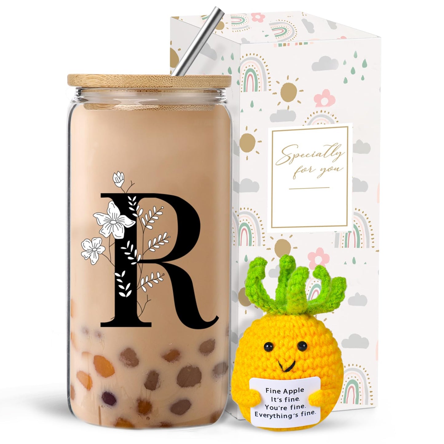 Monogrammed Initial Glass Cup with Lids and Straws gift for Women | Personalized Gift Set with Doll, 16 Oz Ice Coffee Cup ,reusable glass tumbler,Birthday Christmas Gift for Her,U WN420
