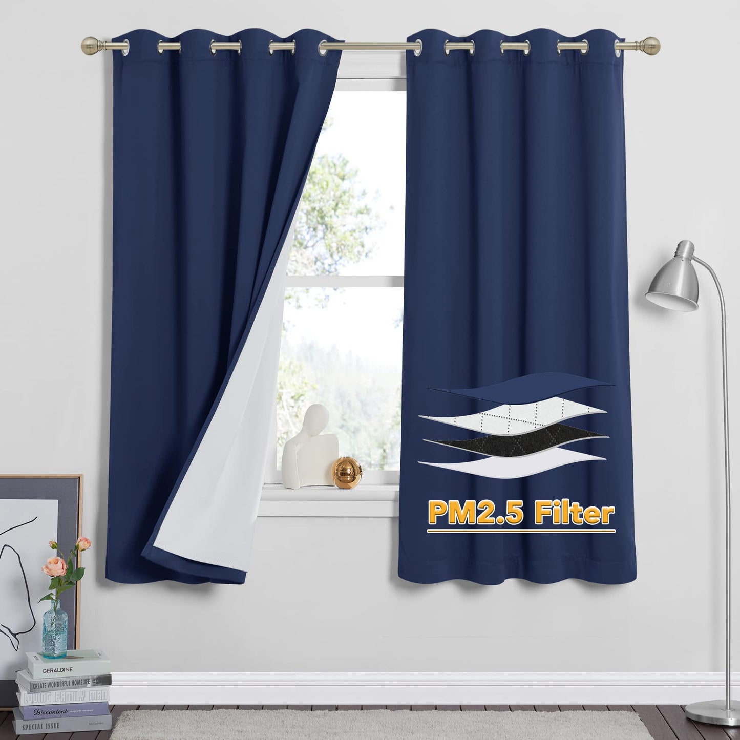 RYB HOME 4-in-1 Dust Filtering Soundproof Blackout Insulating Privacy Window Curtains for Nursery Bedroom Living Room Rivider Sound Absorption Sheet, Black, W52 x L90 inch, 2 Panels BST220