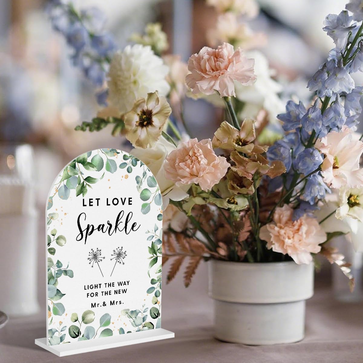Acrylic Wedding Signs, Bubble Send Off Signs for Marriage Reception, Bridal Shower Decorations, Modern Arched Round Top Acrylic Table Top Sign with Holder for Wedding Party (White Eucalyptus Leaves) BST326L