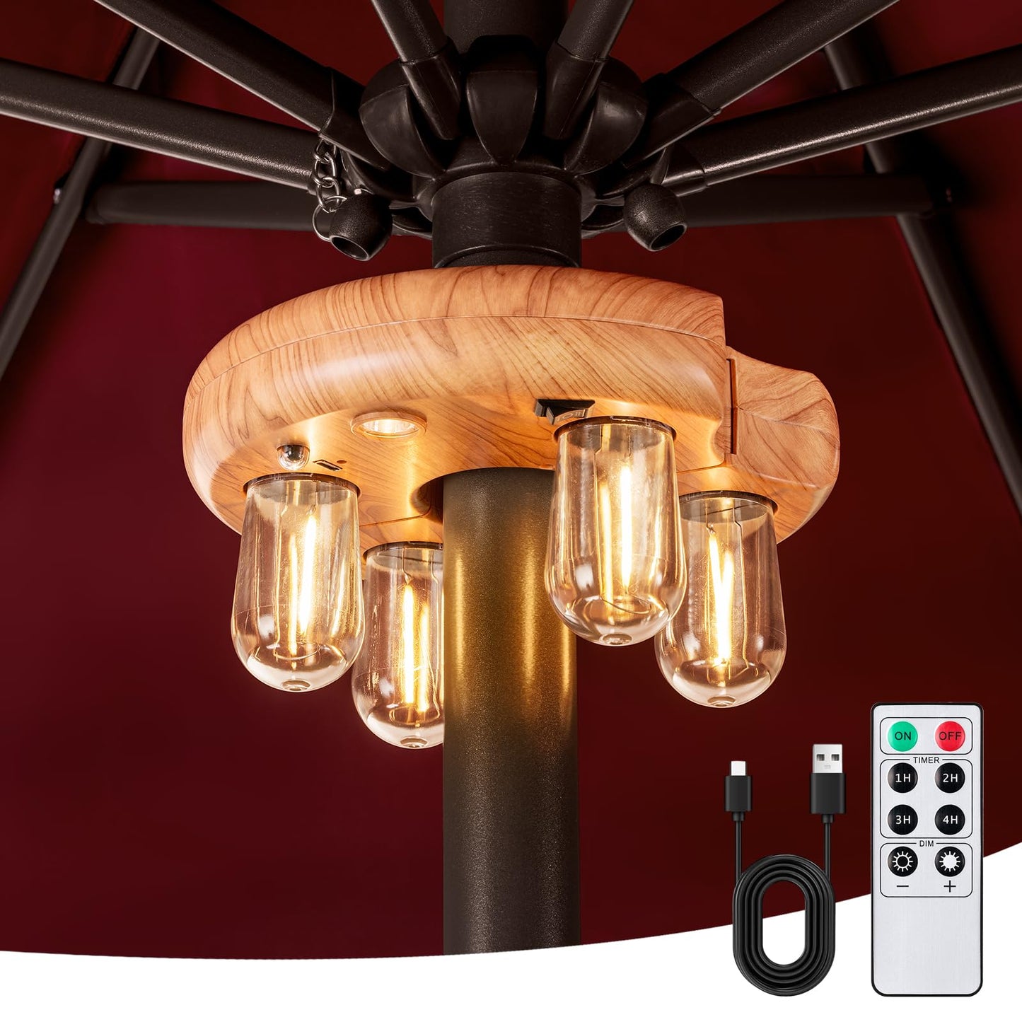 Wood Grain Patio Umbrella Light with Remote Control, Rechargeable Cordless LED Edison Bulbs Pole Light with 10 Brightness Levels for Garden, Patio, Backyard, Camping or BBQ (1 Pack)