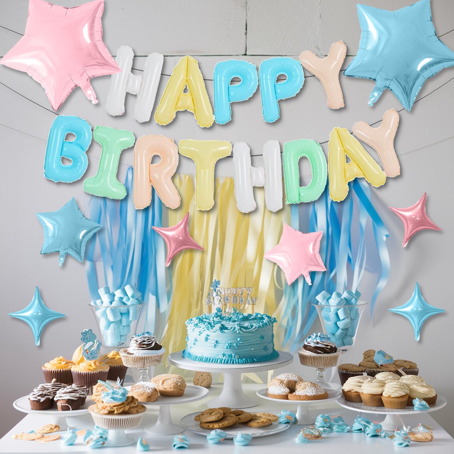 Happy Birthday Balloons Banner, Rainbow Happy Birthday Foil Balloons 16 Inch Foil Letter Balloon with 8 Pcs Gradient Blue Pink Star Balloon for Women Men Boys Girls Birthday Party Decoration WN420