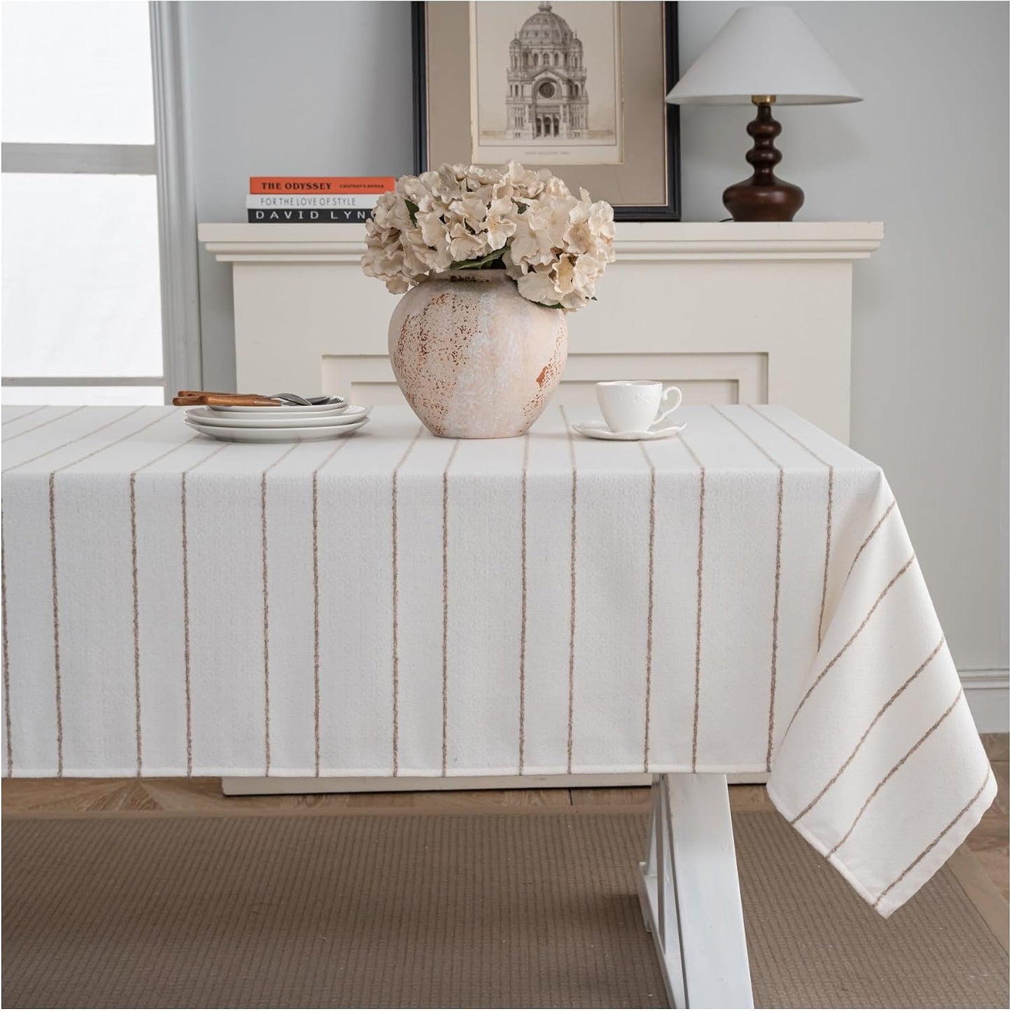Caflife White Square Tablecloth 55x55 Inch, Cotton Linen Polyester Blend Stripes Table Cloth, Farmhouse Boho Decorative Table Cover for Dining Room Party Buffet Home Kitchen Table Decor BST202