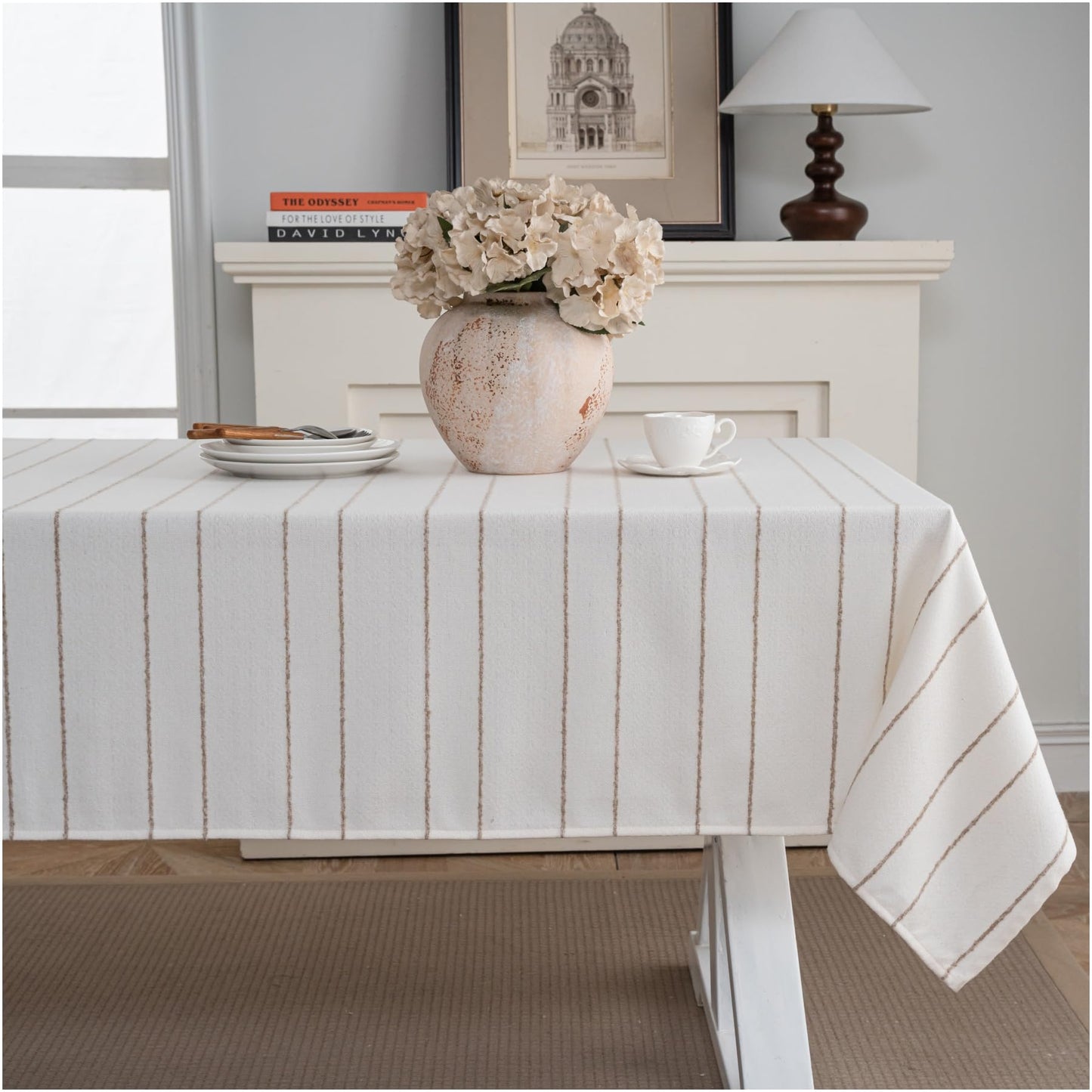 Caflife White Square Tablecloth 55x55 Inch, Cotton Linen Polyester Blend Stripes Table Cloth, Farmhouse Boho Decorative Table Cover for Dining Room Party Buffet Home Kitchen Table Decor BST202