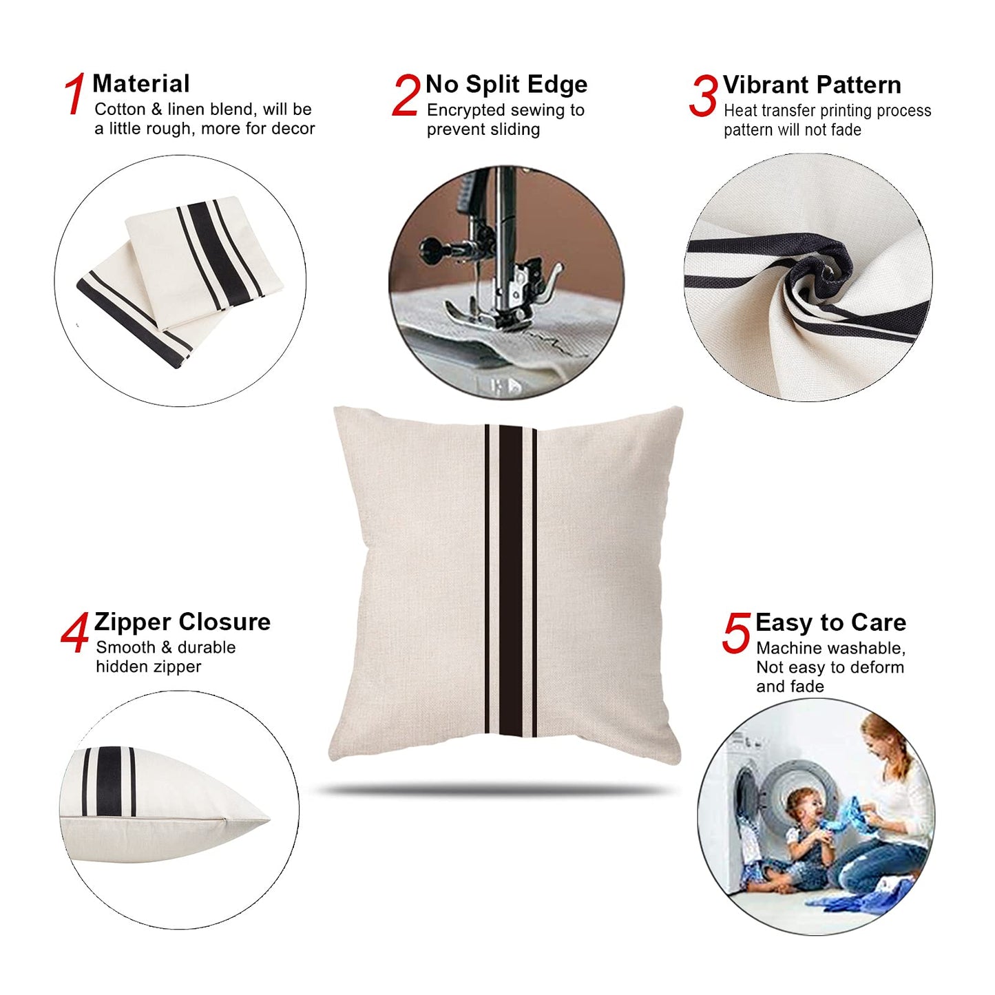 ONWAY Outdoor Pillow Covers Waterproof 18x18 Set of 2 Decorative Linen Throw Pillow Cover Beige and Black Striped Outdoor Pillows for Patio Furniture BST220