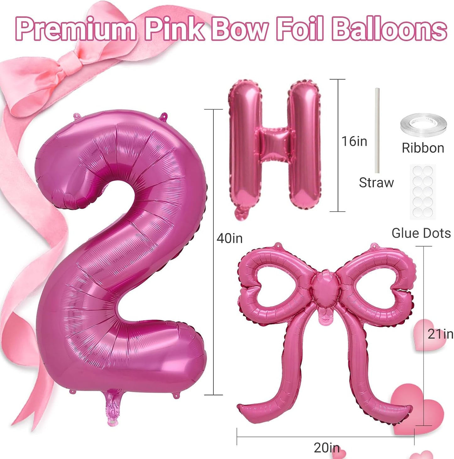 Pink Happy Birthday Balloons Banner, Giant Pink Bow Foil Balloons Number 2 Balloon Party Decor for Girls 2nd Birthday BST220