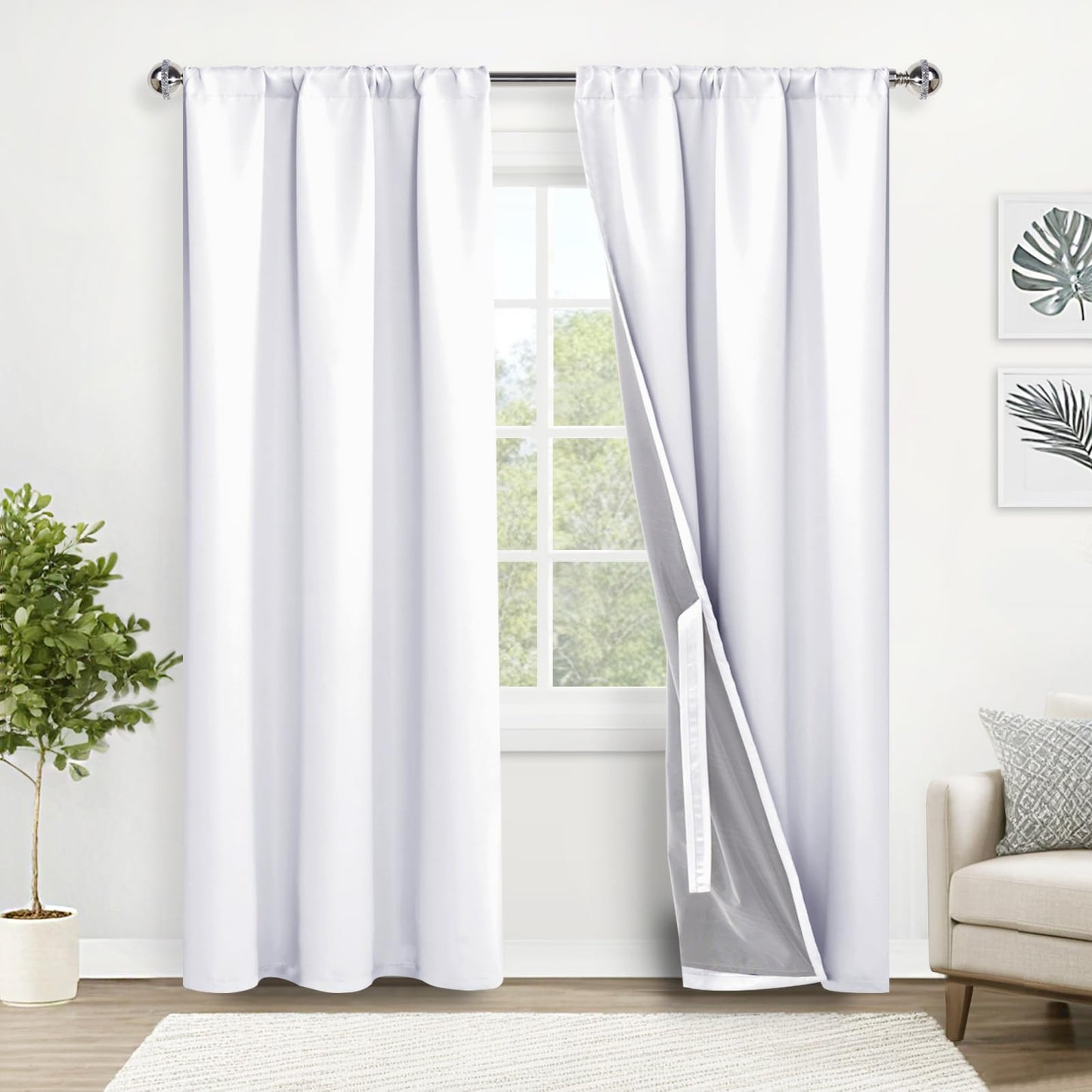 XWZO White Blackout Curtains with Tiebacks - Rod Pocket & Back Tab Heat and Full Light Blocking Window Panels for Bedroom/Nursery, 84 Inches Long Thermal Insulated Draperies, W42 x L84, Set of 2 BST326H