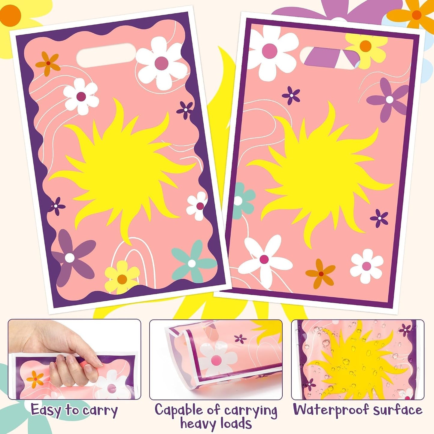 Salovio Princess Party Favor Supplies - 50 Pcs Sun Flower Candy Gift Bags | Kids Adults Birthday Party, Purple Princess Peach Favor Holders, Cute Back to School Supplies, Cookie Plastic Bagswith Handle BST202