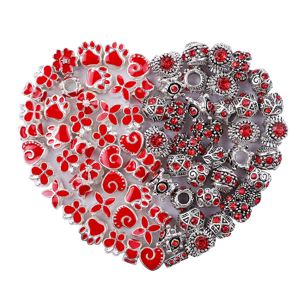 60 Pieces Assorted European Beads with Plating Silver Metal Alloy Rhinestone Large Hole Spacer Beads for DIY Charm Bracelet Jewelry Making (Blue) BST220