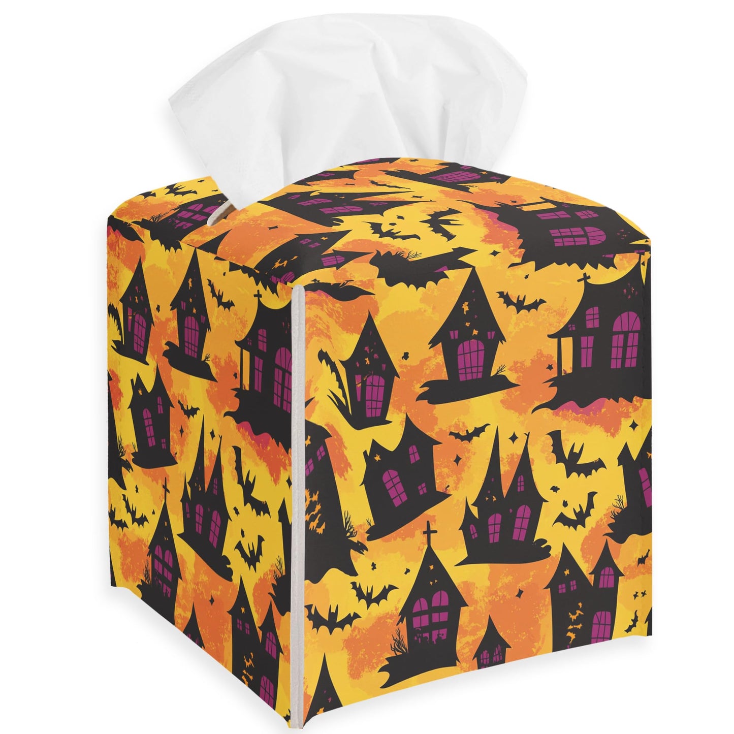 Spooky Tissue Box Cover Square - Ghosts & Bats Tissue Box Holder - Halloween Pumpkin Facial Paper Organizer Dispenser for Home Car Bathroom Office Bedroom Desk Tabletop Supplies & Decor - A11 BST220