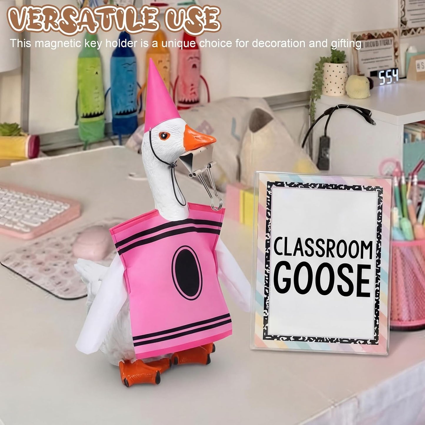 Wenqik Silly Goose Classroom Decor 7 Inch Magnetic Goose Key Holder Teacher Desk Back to School Decor Office Table Home Funny Classroom Accessories for Teacher Students First Day of School Gift BST326L