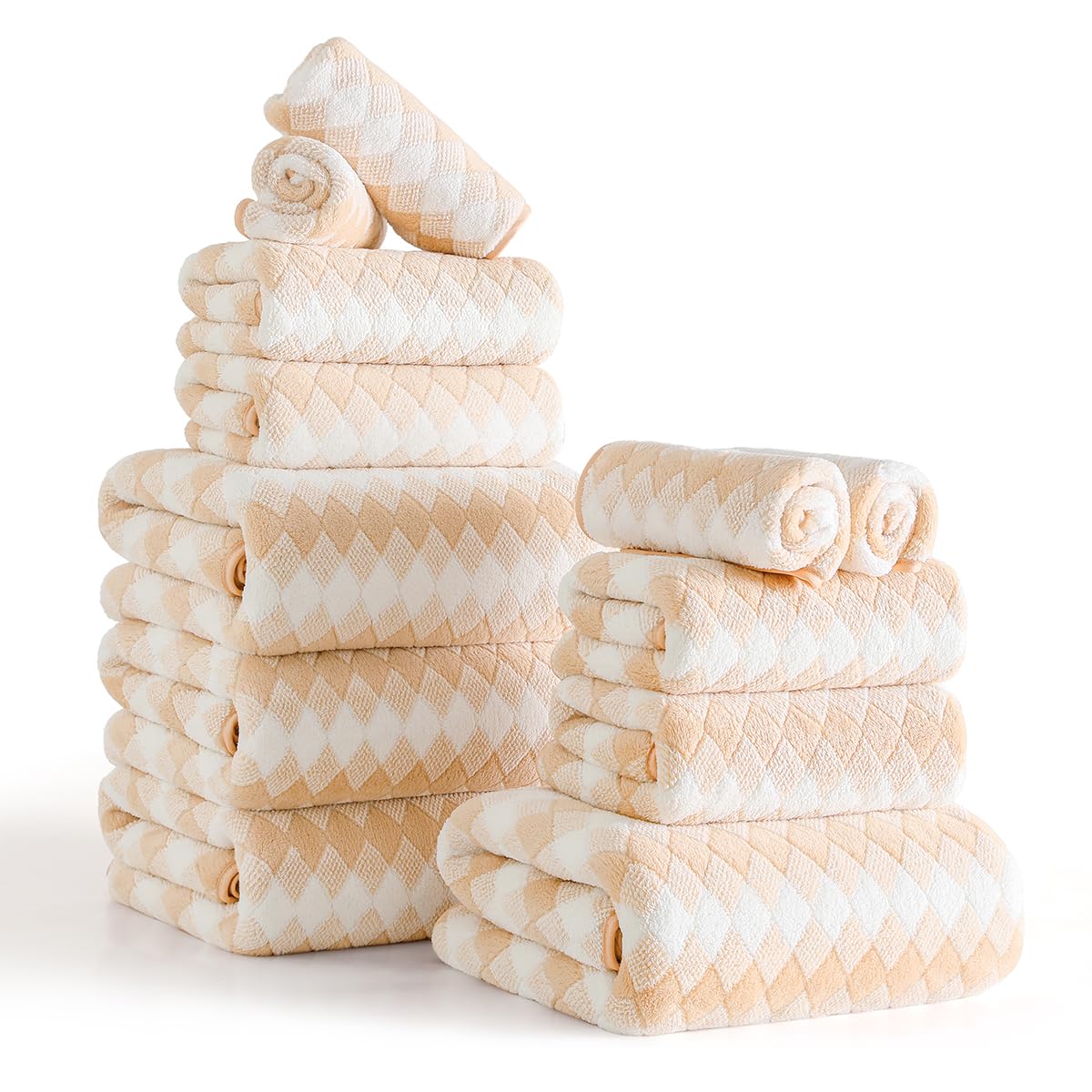 12 Pcs Light Gray Diamond Towel Set-4 Bath Towels,4 Hand Towels,4 Washcloths Soft Polyester Towels with Loop Absorbent Shower Towel Quick Dry Beach Chair Towel Family Towels for Bathroom Spa Gym Pool BST220